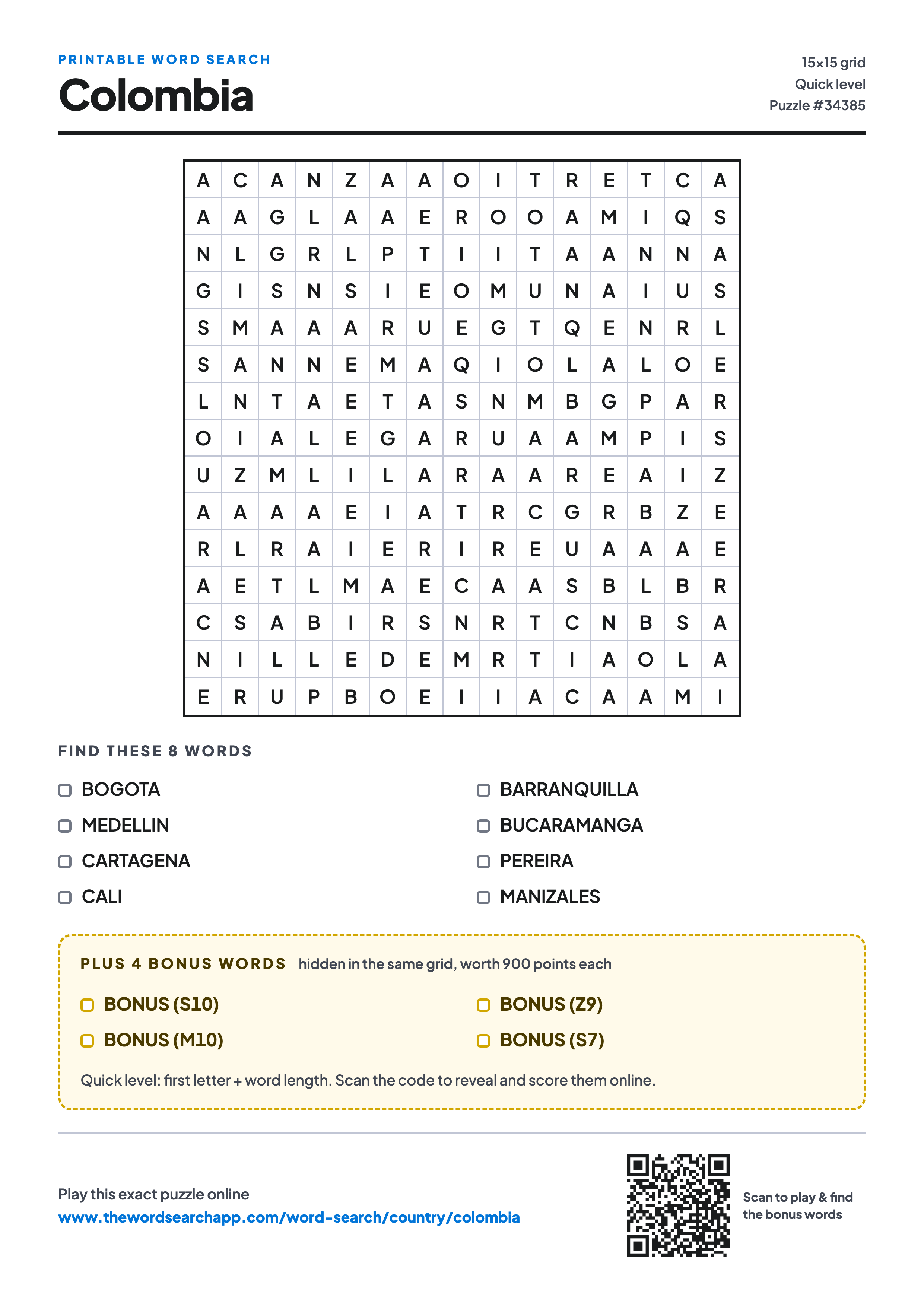 Printable Colombia word search — 15×15 letter grid with 8 words to find including BOGOTA, MEDELLIN, CARTAGENA, plus 4 hidden bonus words