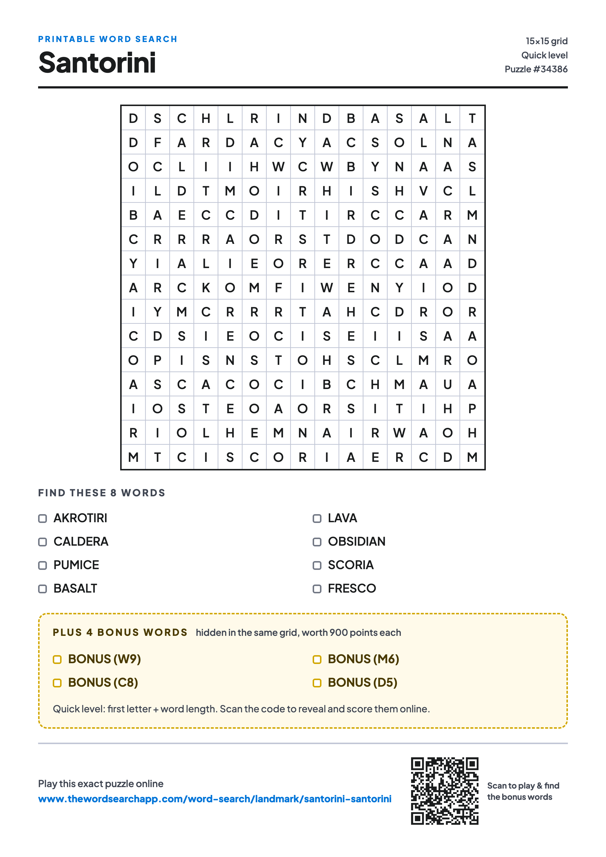 Printable Santorini word search — 15×15 letter grid with 8 words to find including AKROTIRI, CALDERA, PUMICE, plus 4 hidden bonus words