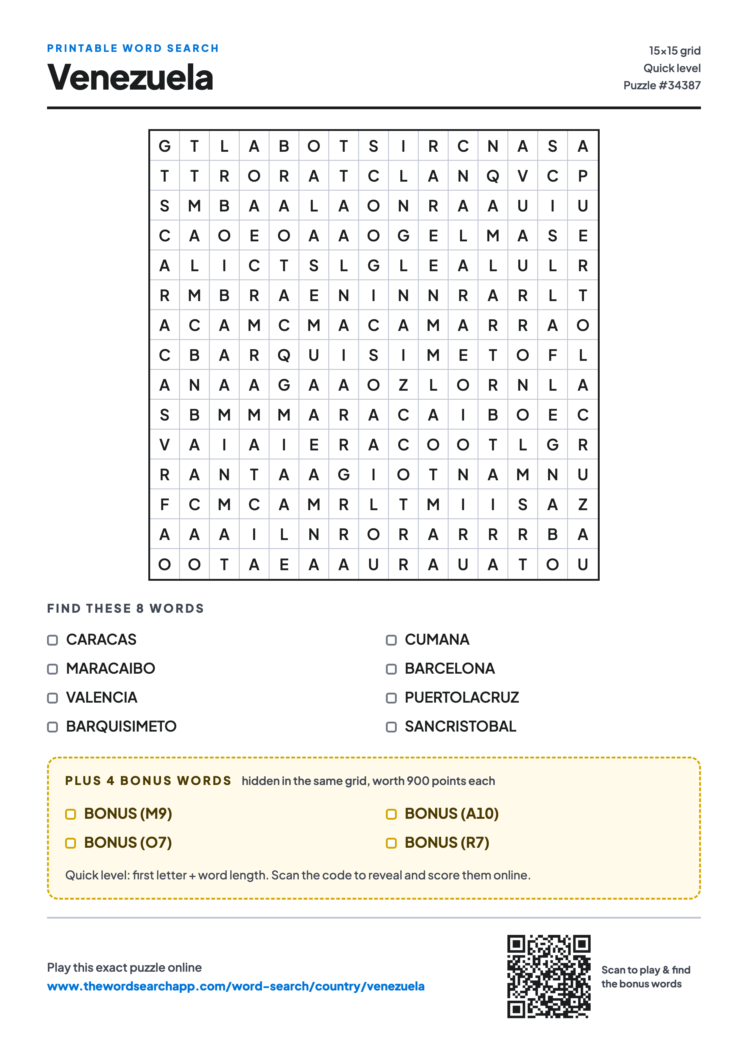 Printable Venezuela word search — 15×15 letter grid with 8 words to find including CARACAS, MARACAIBO, VALENCIA, plus 4 hidden bonus words