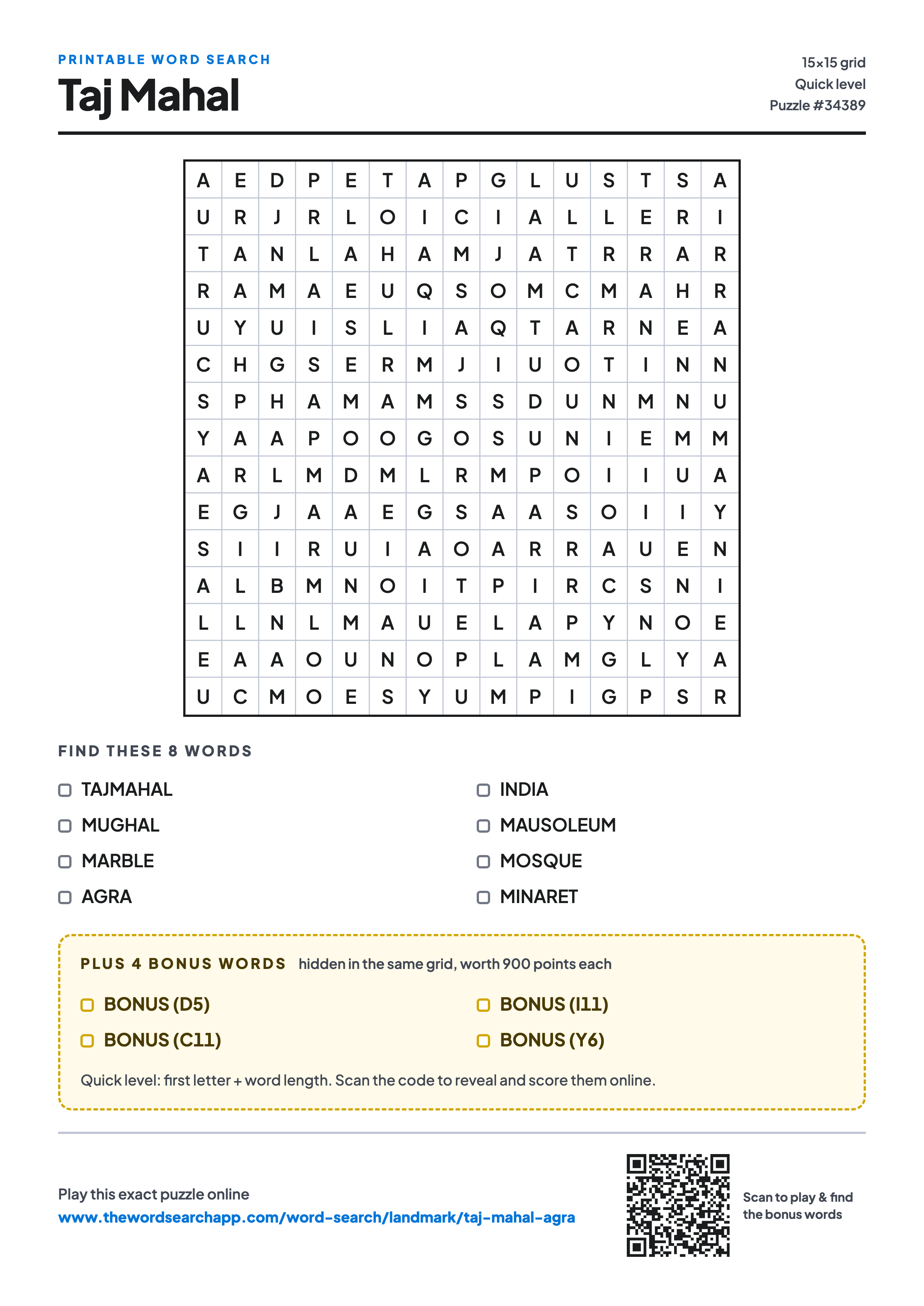 Printable Taj Mahal word search — 15×15 letter grid with 8 words to find including TAJMAHAL, MUGHAL, MARBLE, plus 4 hidden bonus words