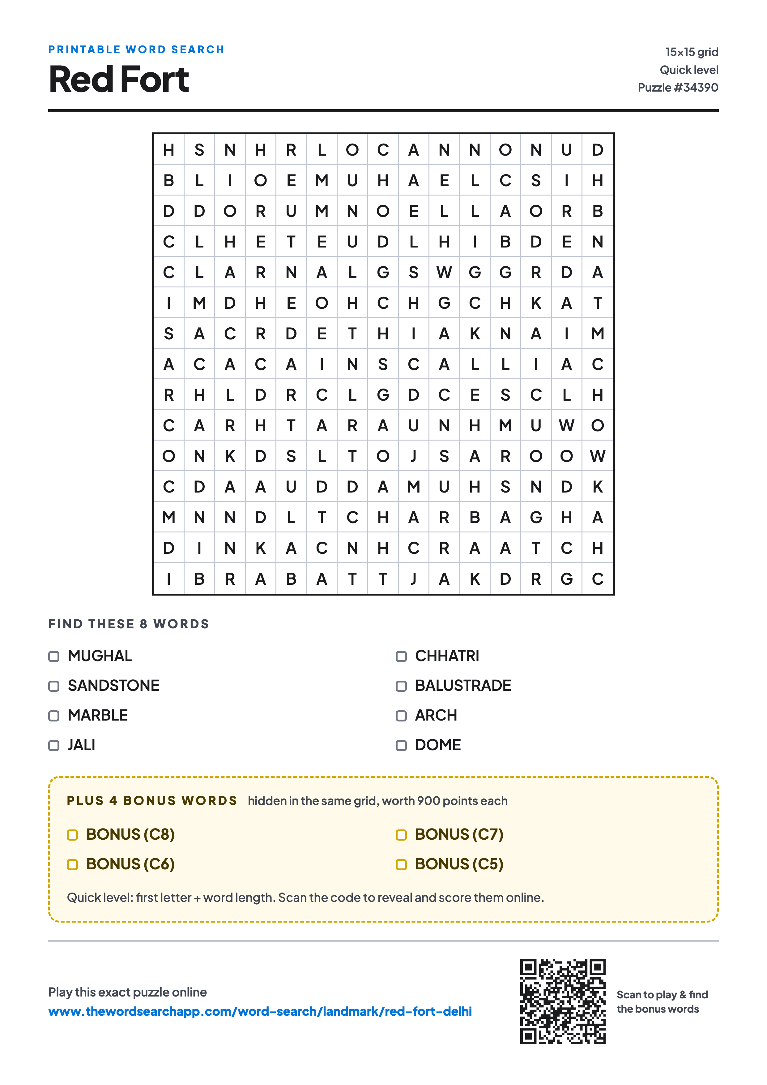 Printable Red Fort word search — 15×15 letter grid with 8 words to find including MUGHAL, SANDSTONE, MARBLE, plus 4 hidden bonus words