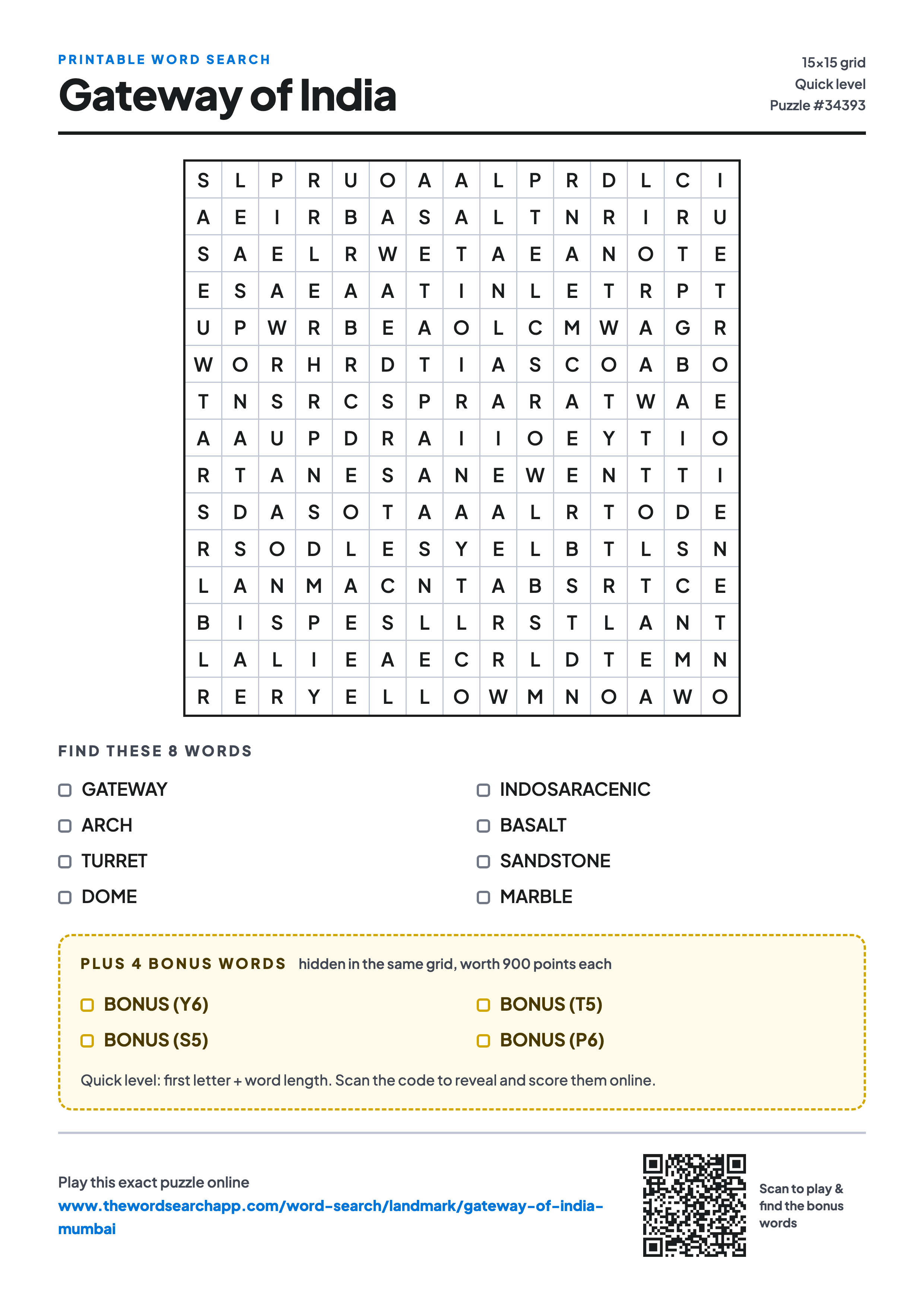 Printable Gateway of India word search — 15×15 letter grid with 8 words to find including GATEWAY, ARCH, TURRET, plus 4 hidden bonus words