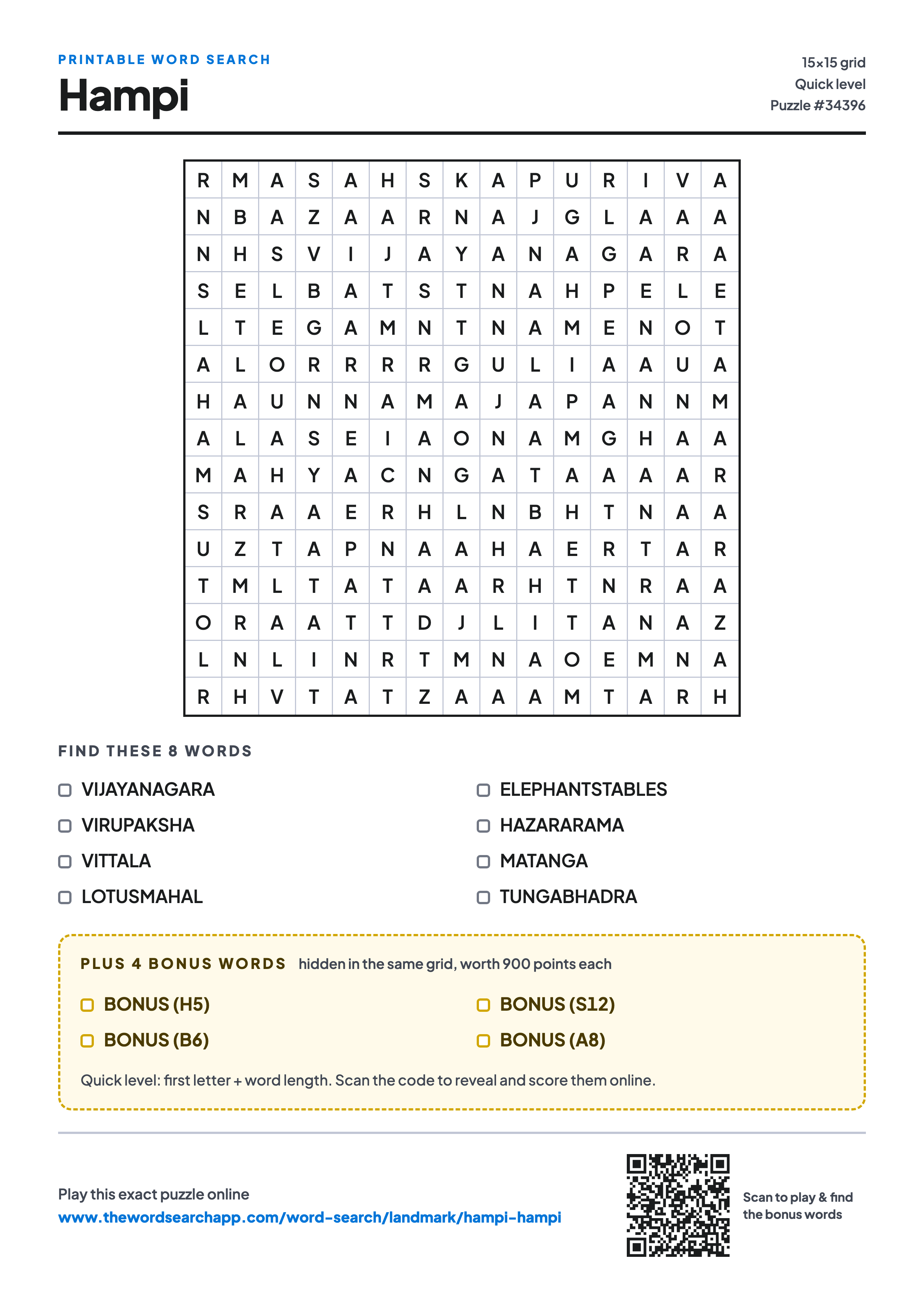 Printable Hampi word search — 15×15 letter grid with 8 words to find including VIJAYANAGARA, VIRUPAKSHA, VITTALA, plus 4 hidden bonus words