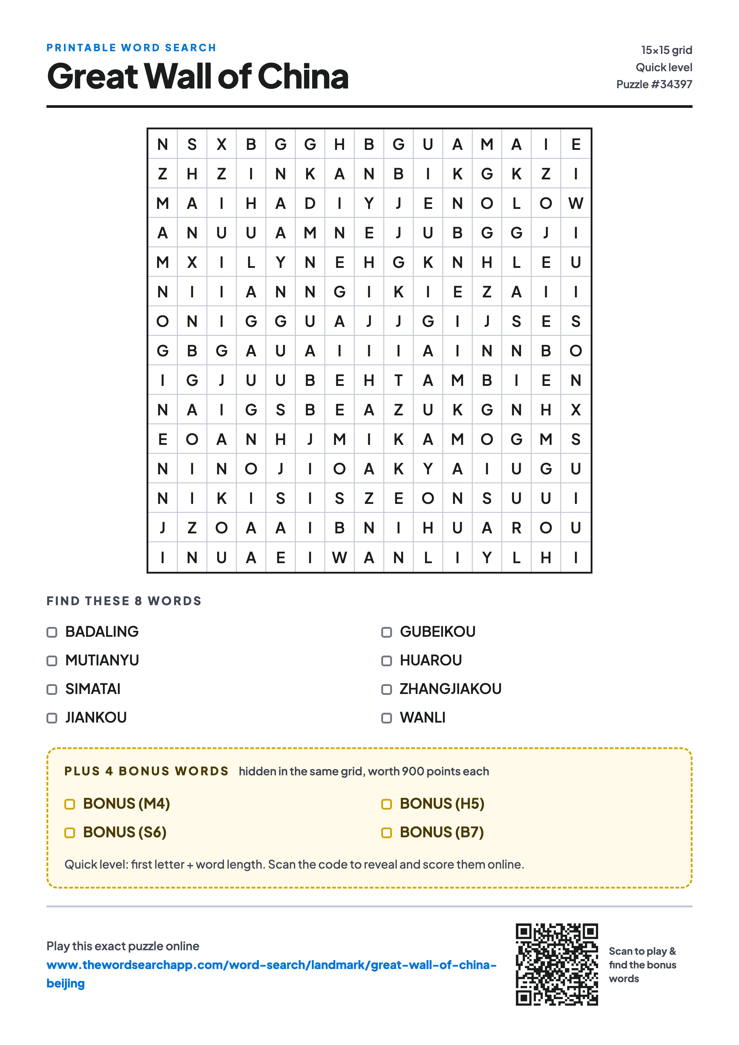 Printable Great Wall of China word search — 15×15 letter grid with 8 words to find including BADALING, MUTIANYU, SIMATAI, plus 4 hidden bonus words
