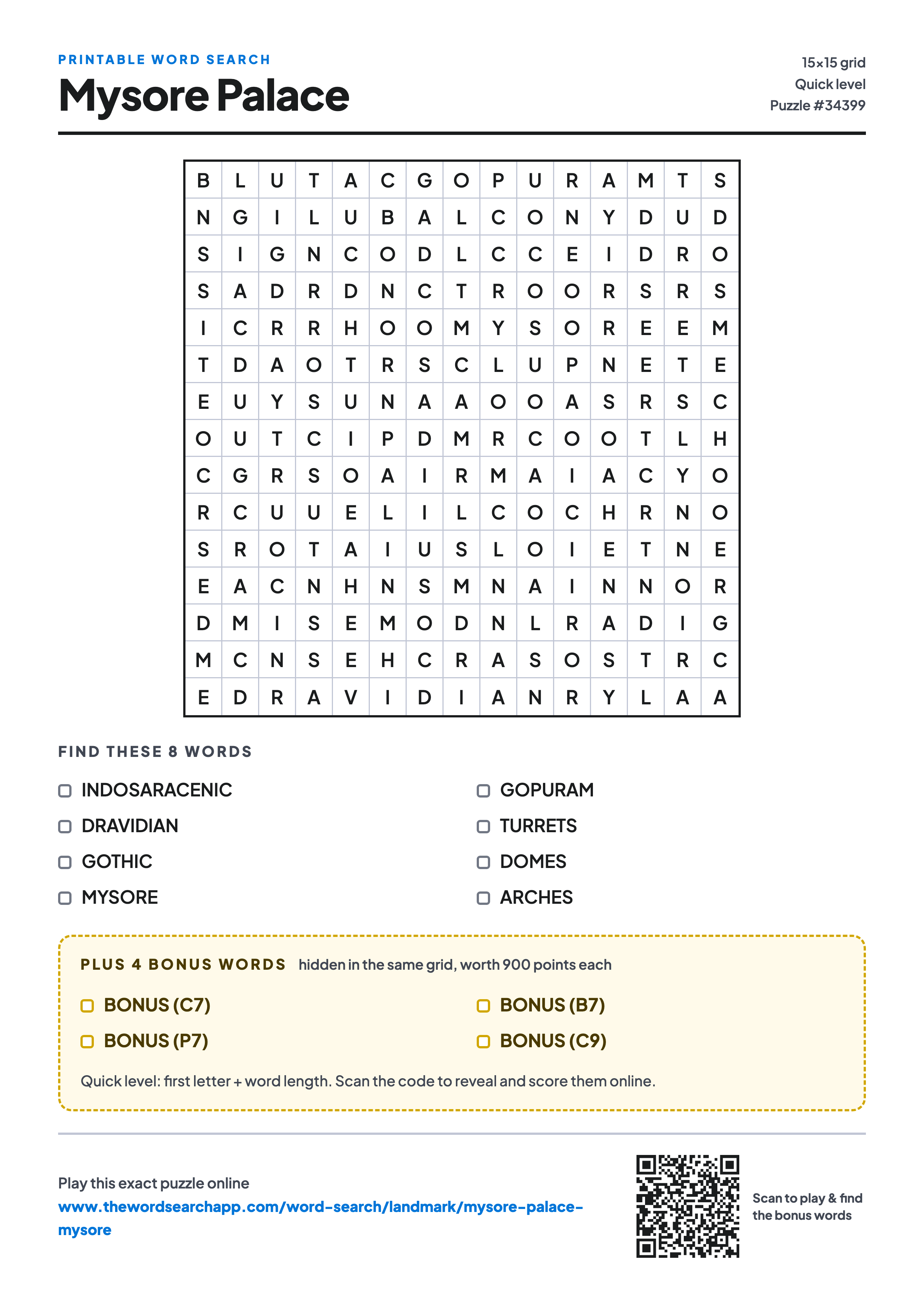 Printable Mysore Palace word search — 15×15 letter grid with 8 words to find including INDOSARACENIC, DRAVIDIAN, GOTHIC, plus 4 hidden bonus words