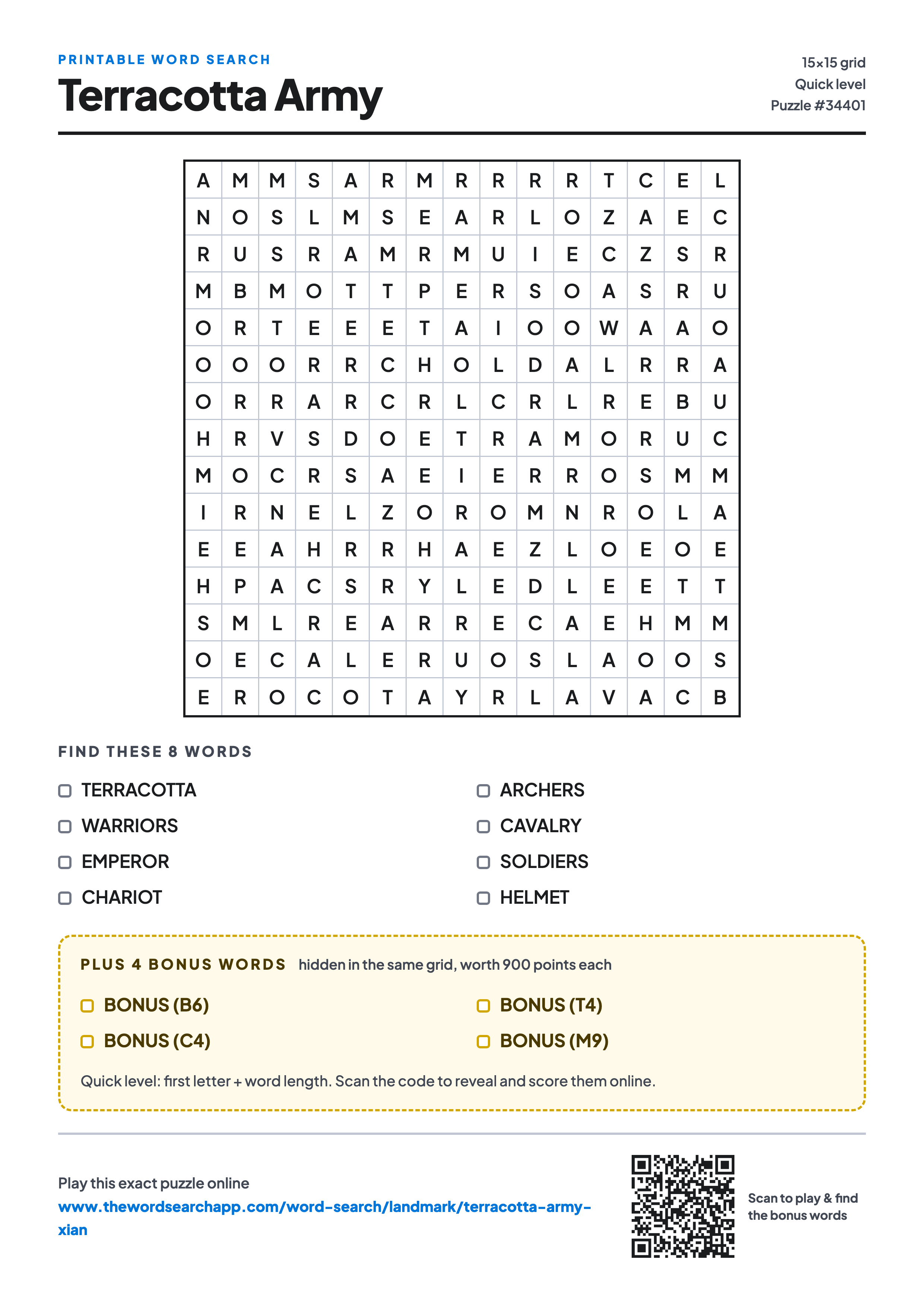 Printable Terracotta Army word search — 15×15 letter grid with 8 words to find including TERRACOTTA, WARRIORS, EMPEROR, plus 4 hidden bonus words