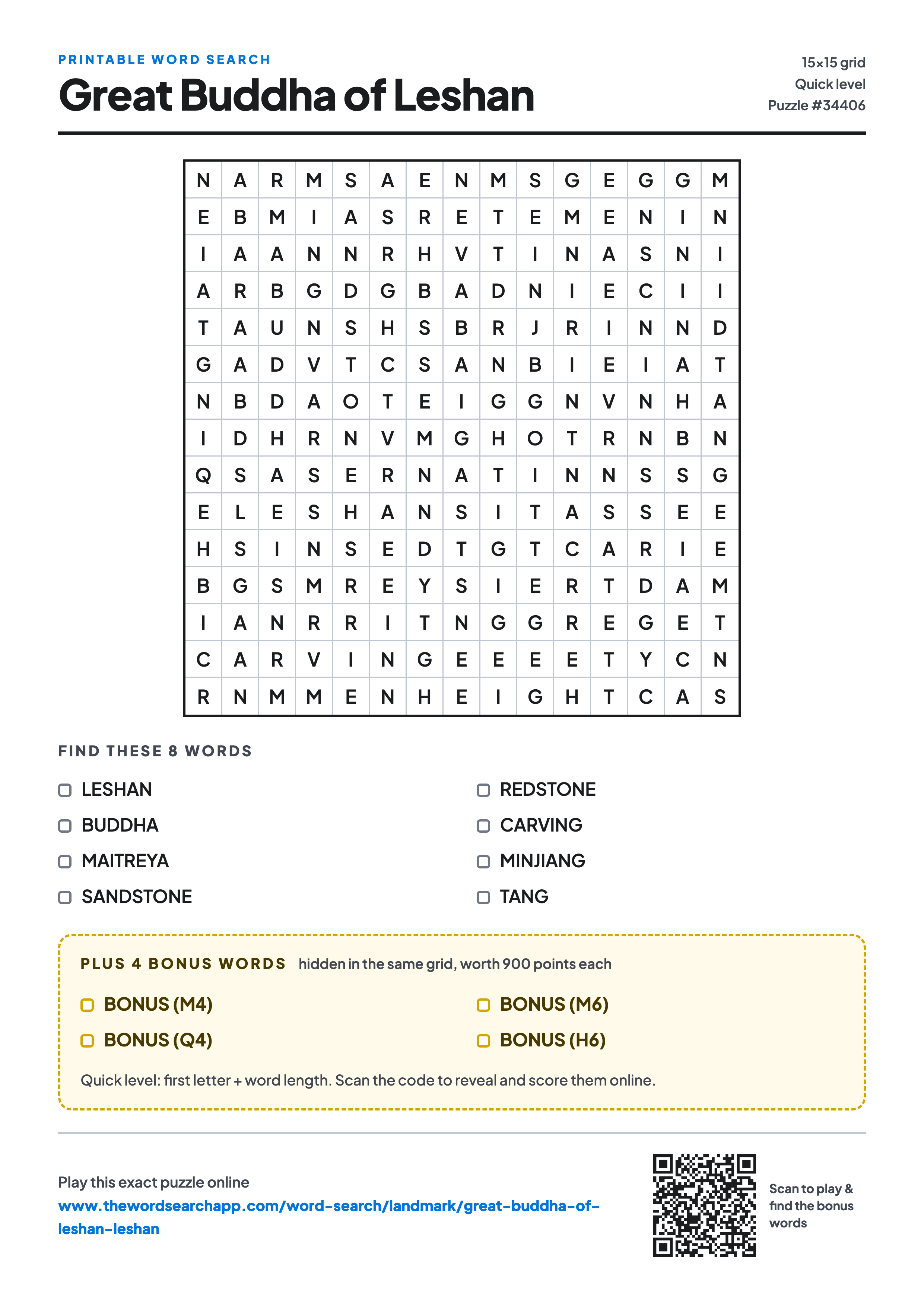 Printable Great Buddha of Leshan word search — 15×15 letter grid with 8 words to find including LESHAN, BUDDHA, MAITREYA, plus 4 hidden bonus words