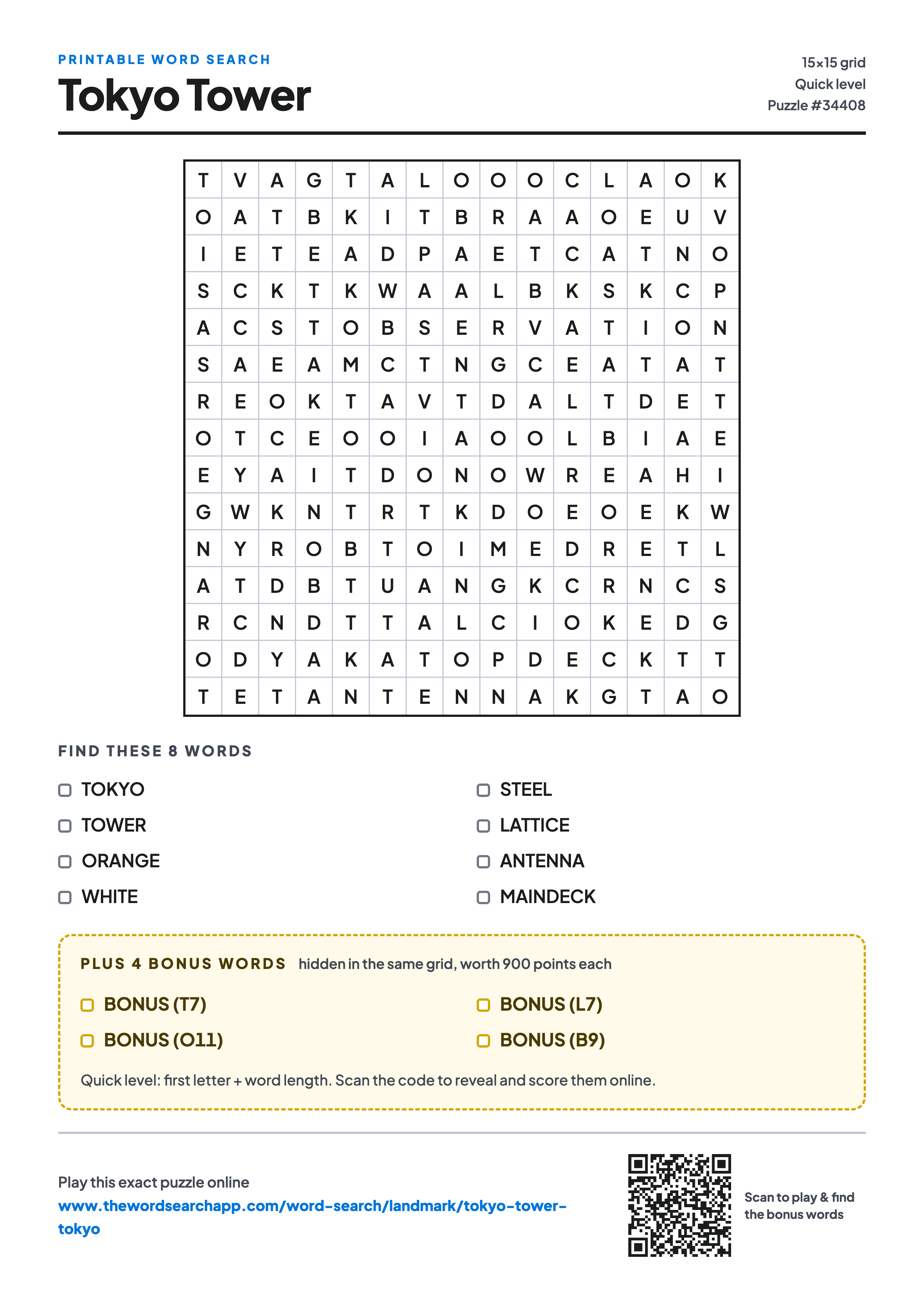 Printable Tokyo Tower word search — 15×15 letter grid with 8 words to find including TOKYO, TOWER, ORANGE, plus 4 hidden bonus words