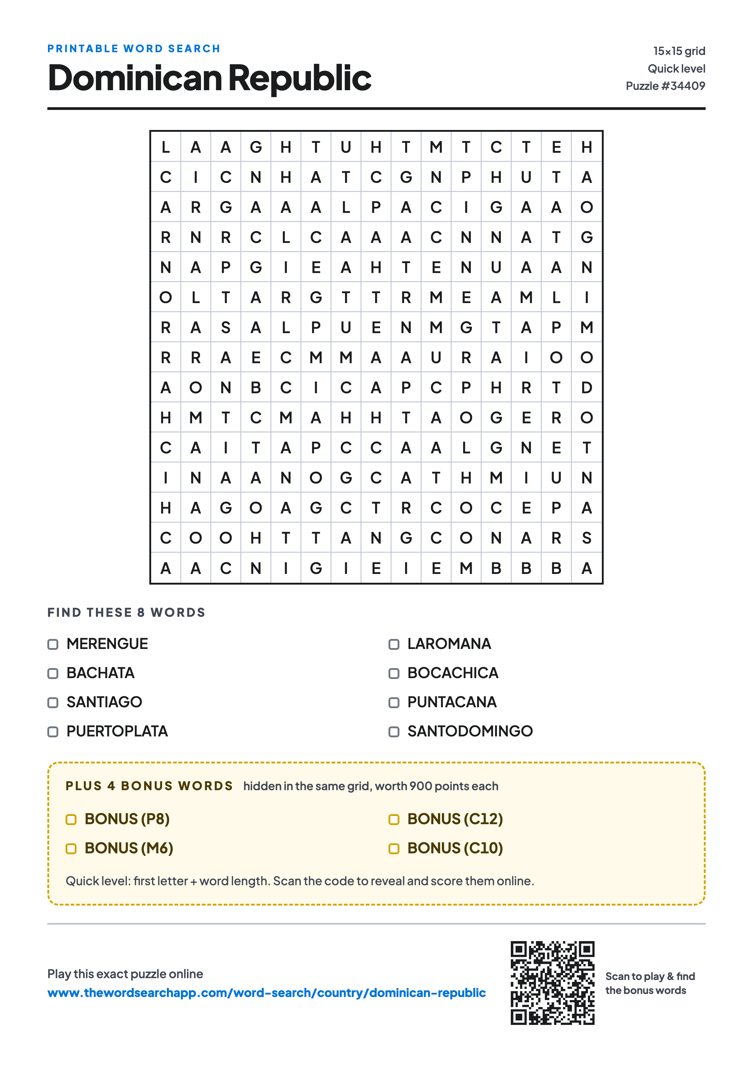Printable Dominican Republic word search — 15×15 letter grid with 8 words to find including MERENGUE, BACHATA, SANTIAGO, plus 4 hidden bonus words