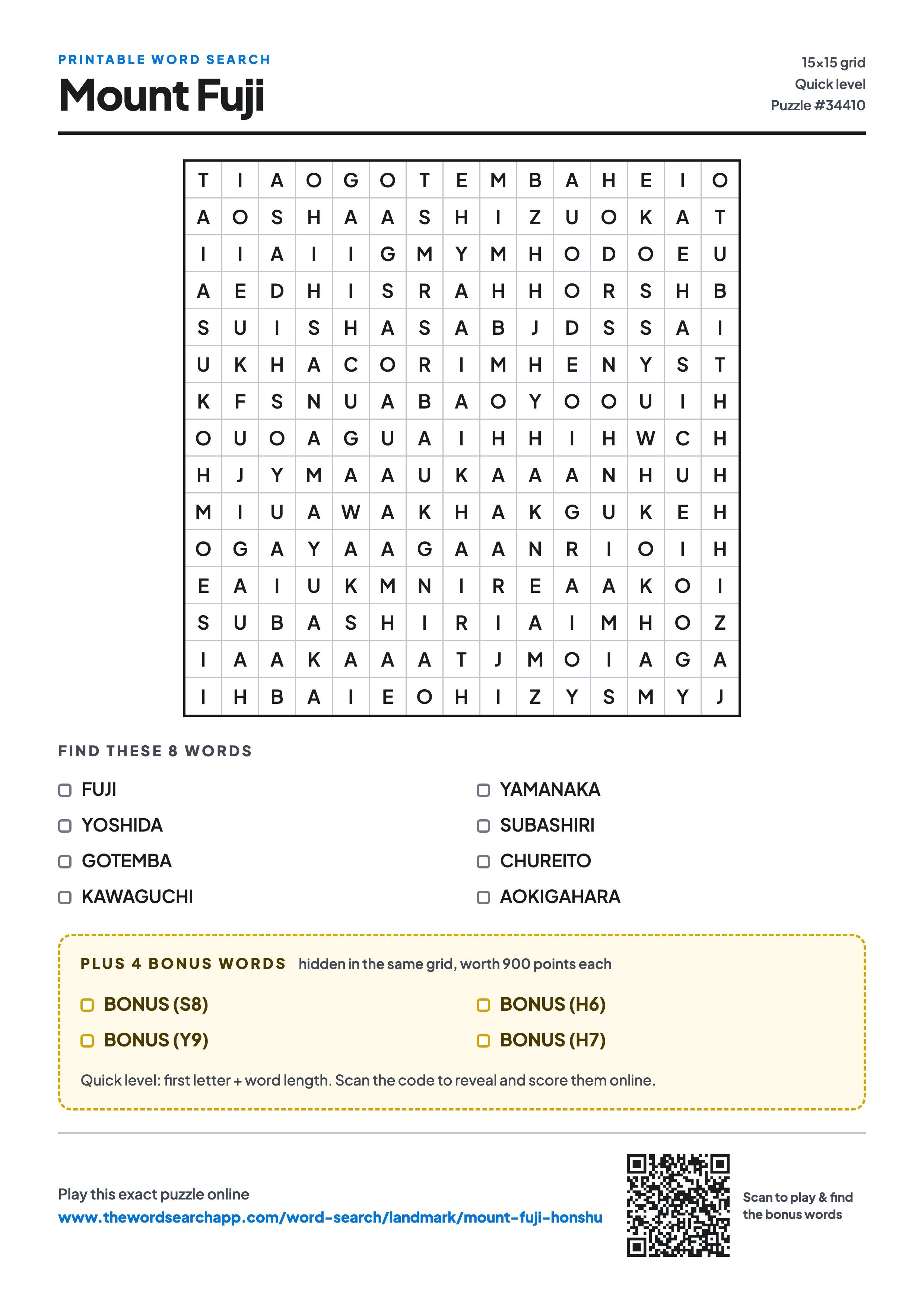 Printable Mount Fuji word search — 15×15 letter grid with 8 words to find including FUJI, YOSHIDA, GOTEMBA, plus 4 hidden bonus words