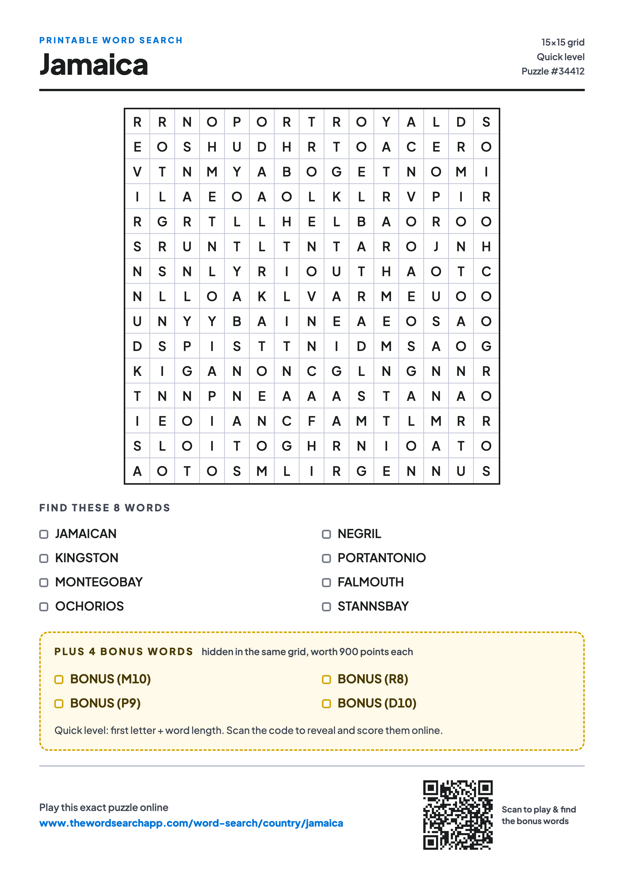 Printable Jamaica word search — 15×15 letter grid with 8 words to find including JAMAICAN, KINGSTON, MONTEGOBAY, plus 4 hidden bonus words
