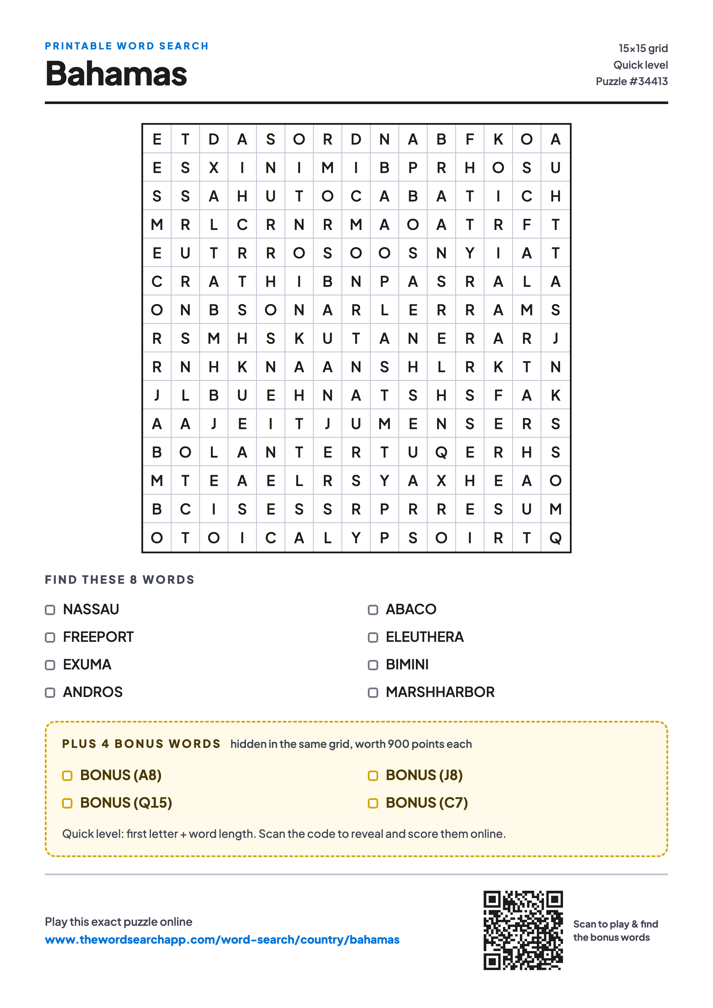 Printable Bahamas word search — 15×15 letter grid with 8 words to find including NASSAU, FREEPORT, EXUMA, plus 4 hidden bonus words