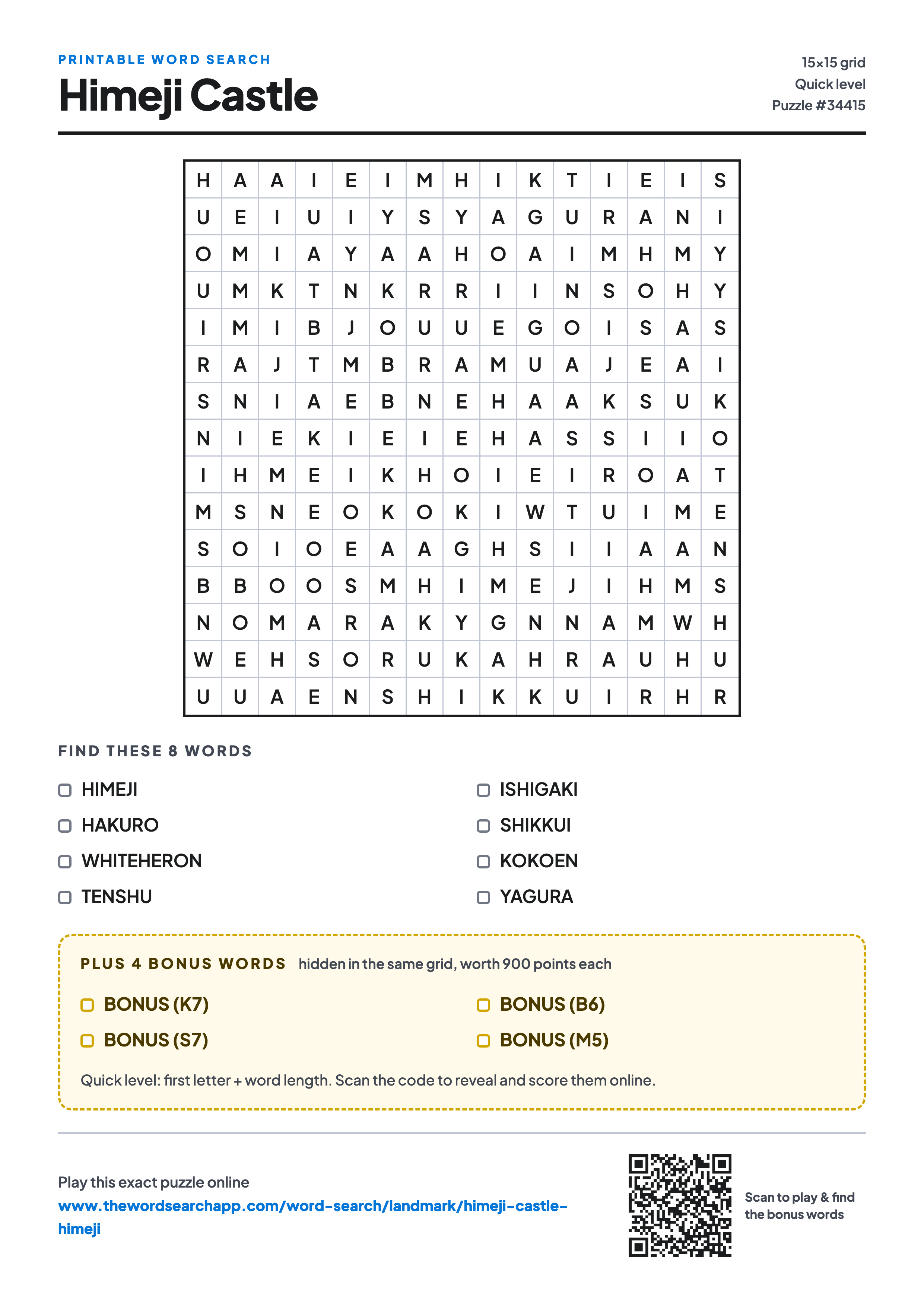 Printable Himeji Castle word search — 15×15 letter grid with 8 words to find including HIMEJI, HAKURO, WHITEHERON, plus 4 hidden bonus words