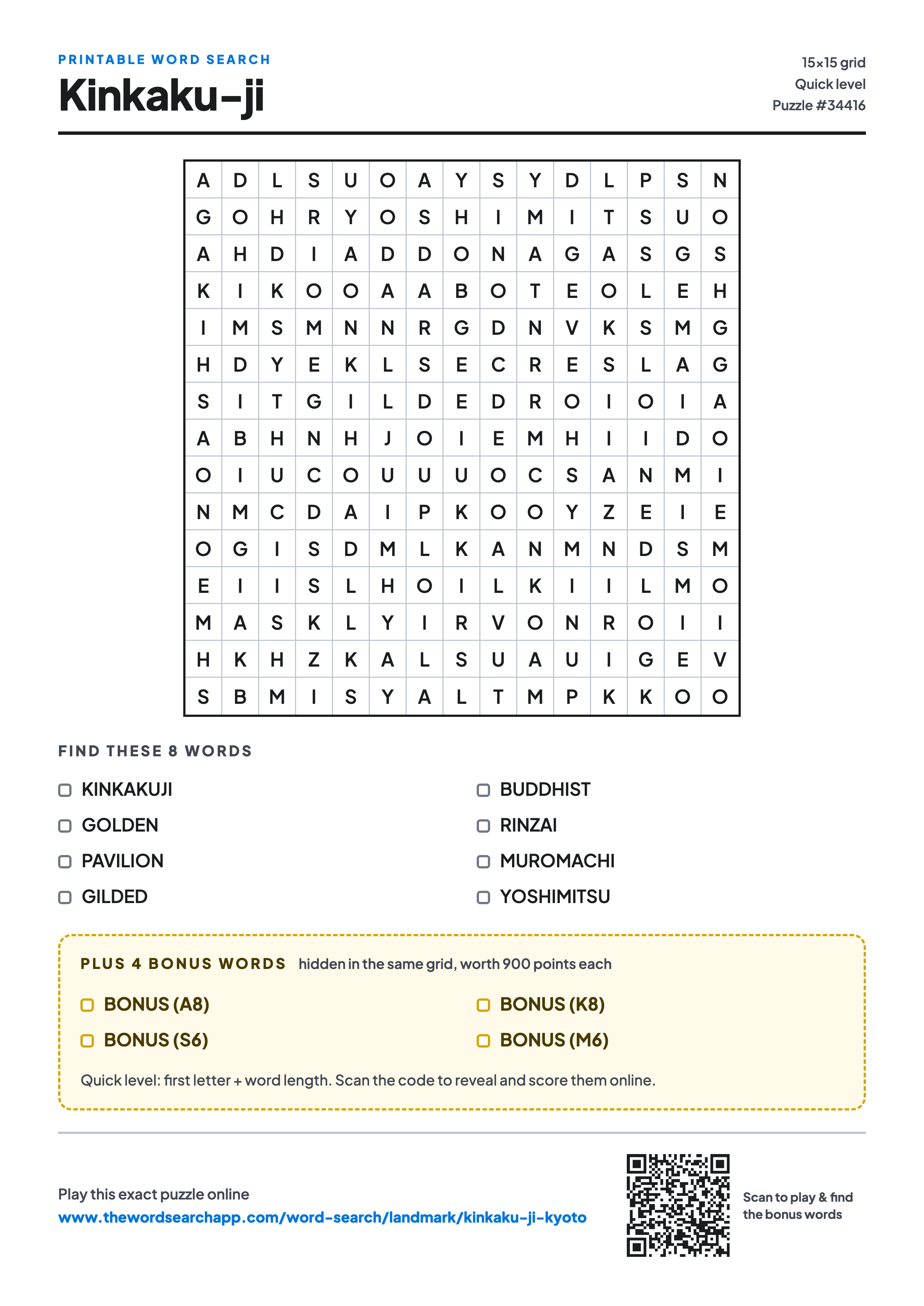 Printable Kinkaku-ji word search — 15×15 letter grid with 8 words to find including KINKAKUJI, GOLDEN, PAVILION, plus 4 hidden bonus words