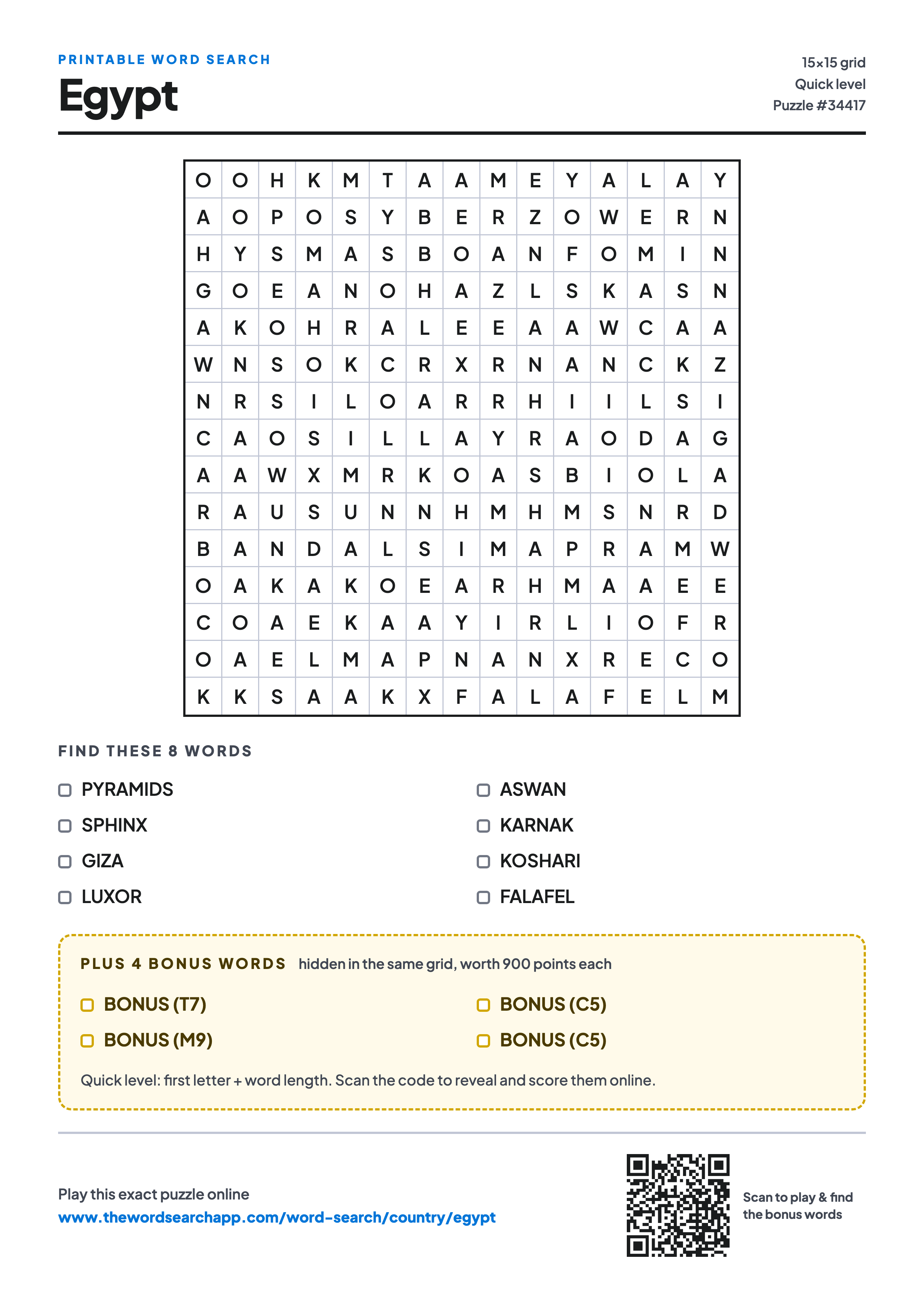 Printable Egypt word search — 15×15 letter grid with 8 words to find including PYRAMIDS, SPHINX, GIZA, plus 4 hidden bonus words