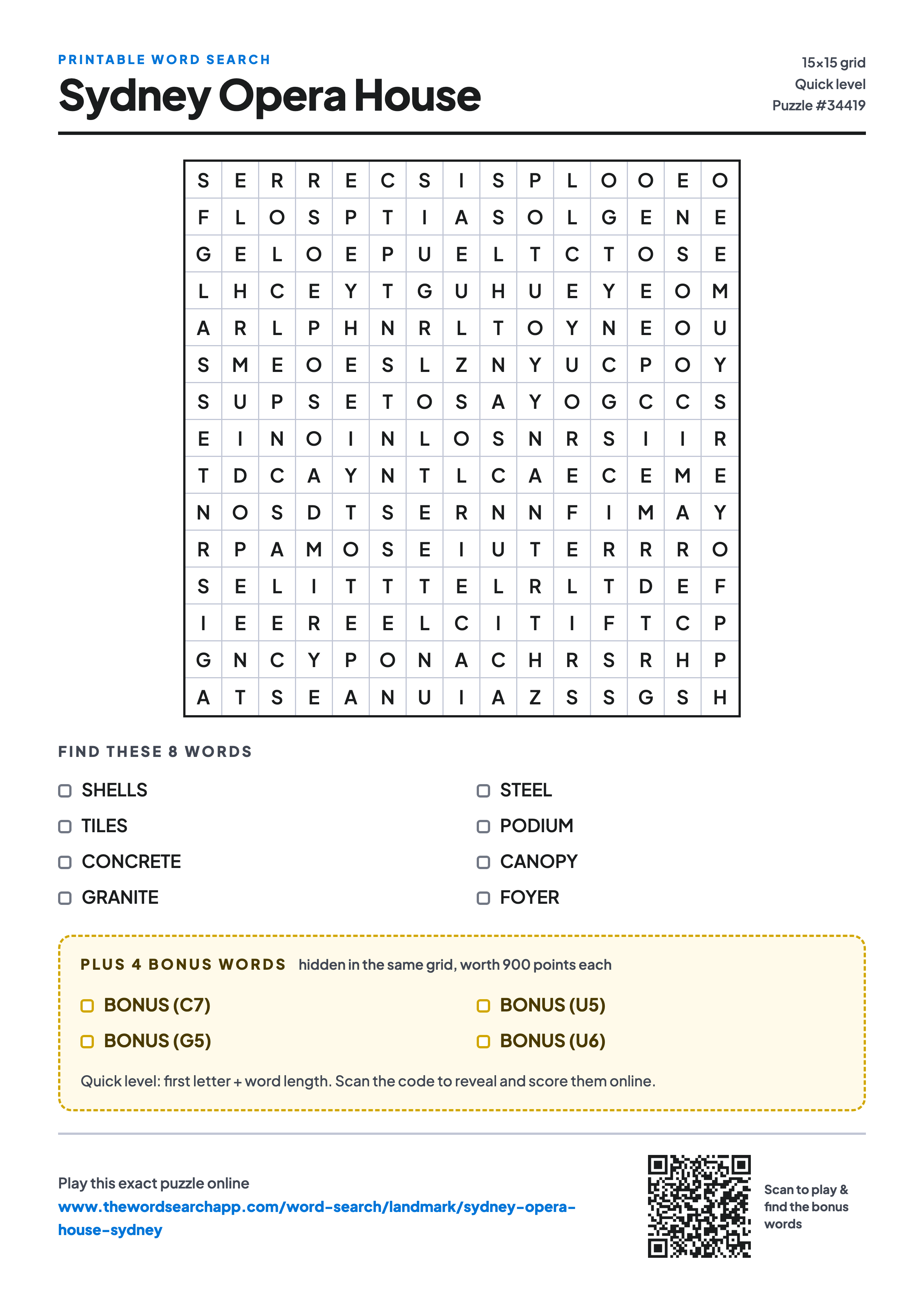 Printable Sydney Opera House word search — 15×15 letter grid with 8 words to find including SHELLS, TILES, CONCRETE, plus 4 hidden bonus words