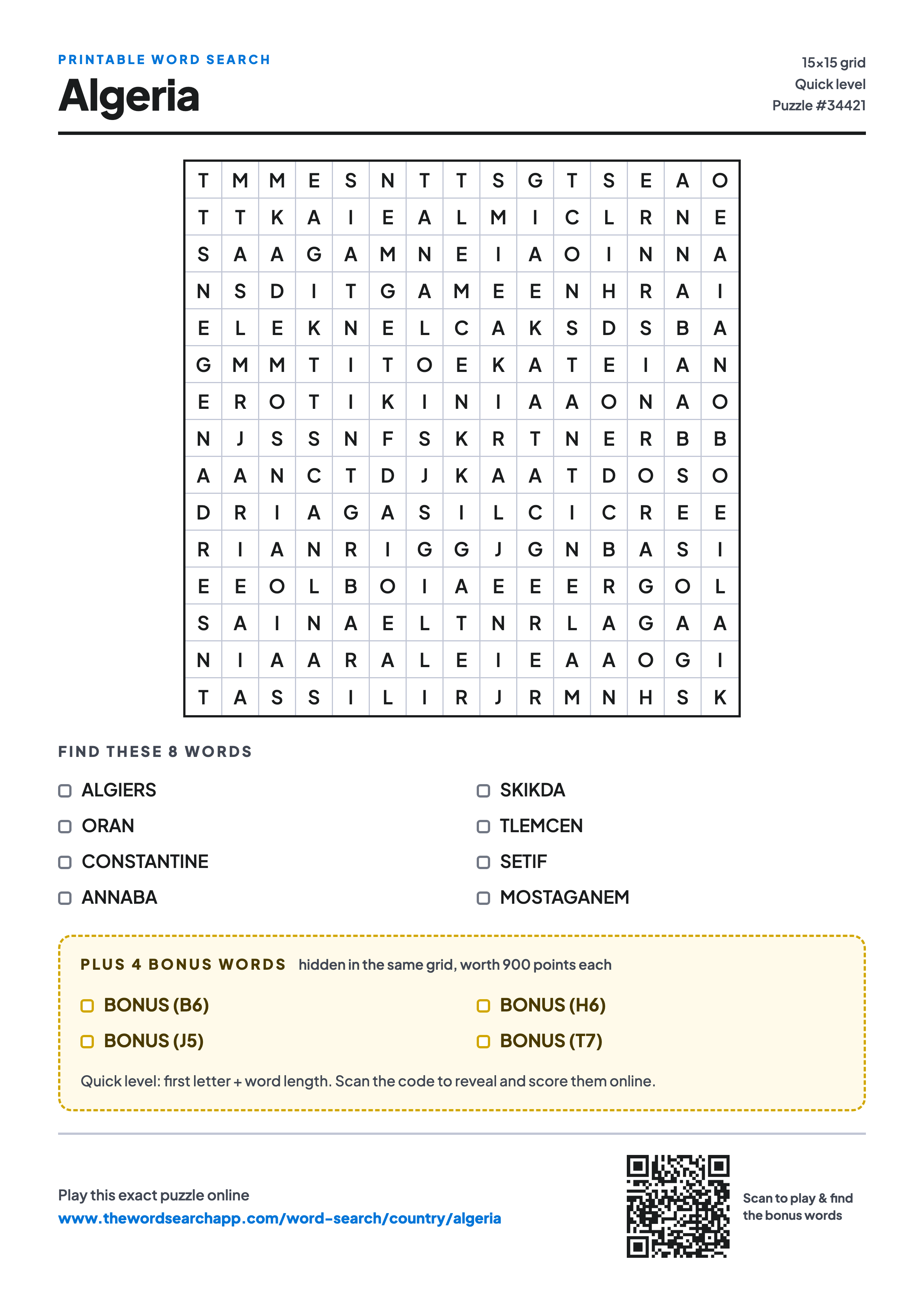 Printable Algeria word search — 15×15 letter grid with 8 words to find including ALGIERS, ORAN, CONSTANTINE, plus 4 hidden bonus words