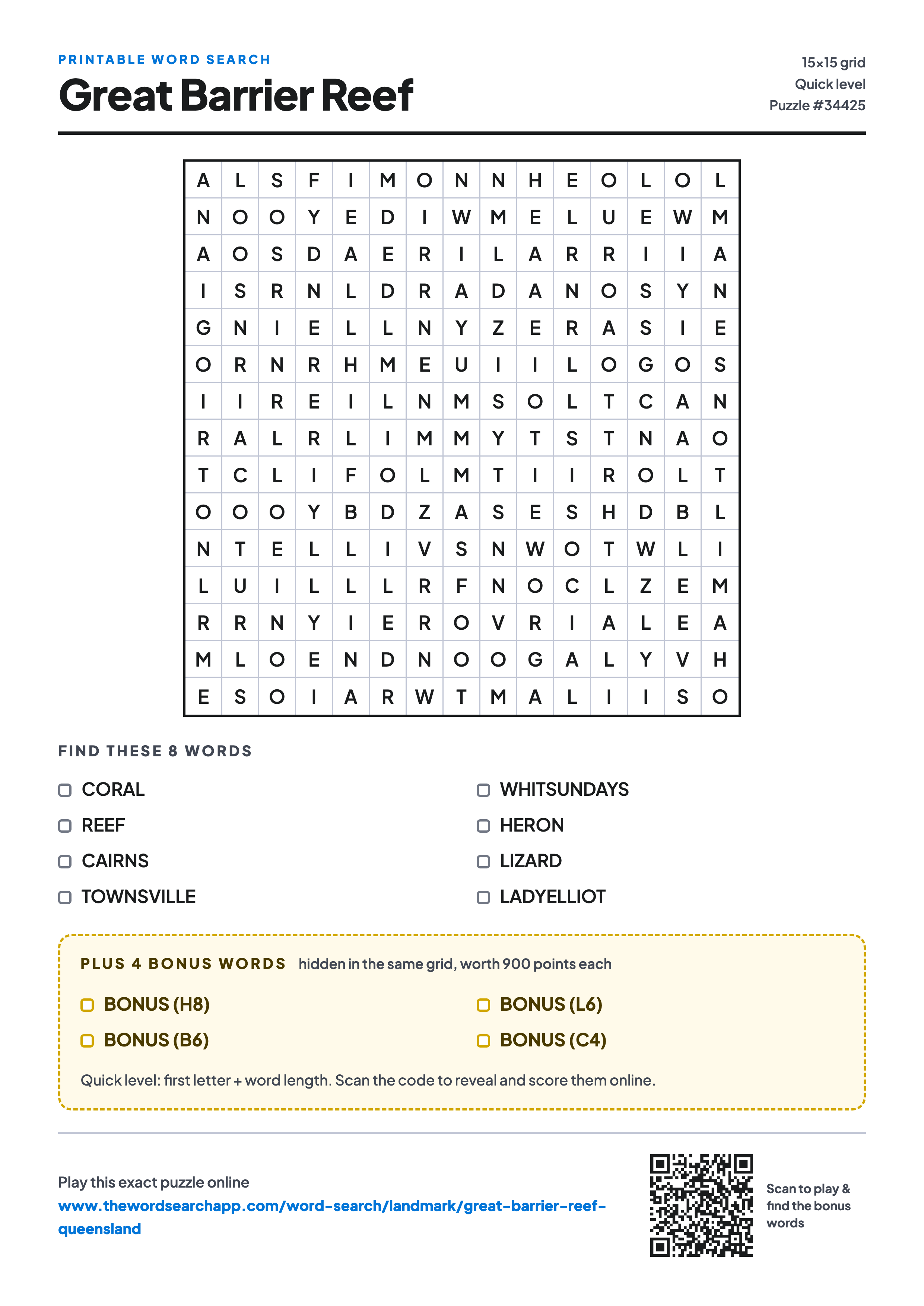 Printable Great Barrier Reef word search — 15×15 letter grid with 8 words to find including CORAL, REEF, CAIRNS, plus 4 hidden bonus words