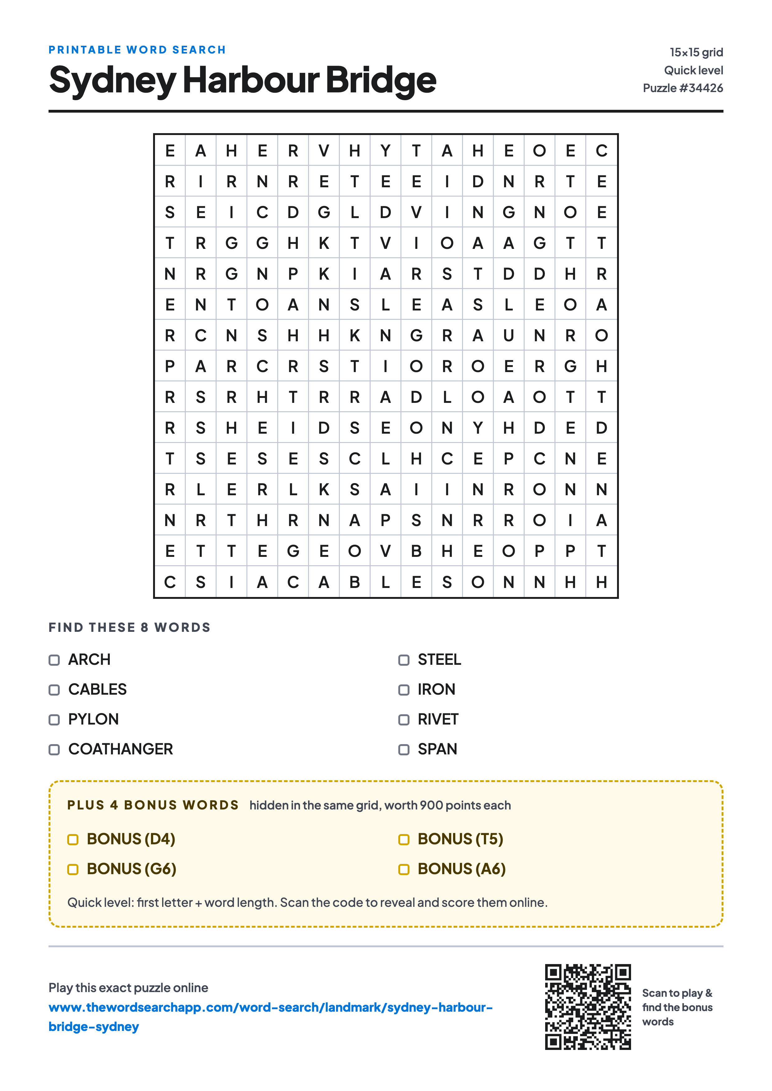 Printable Sydney Harbour Bridge word search — 15×15 letter grid with 8 words to find including ARCH, CABLES, PYLON, plus 4 hidden bonus words