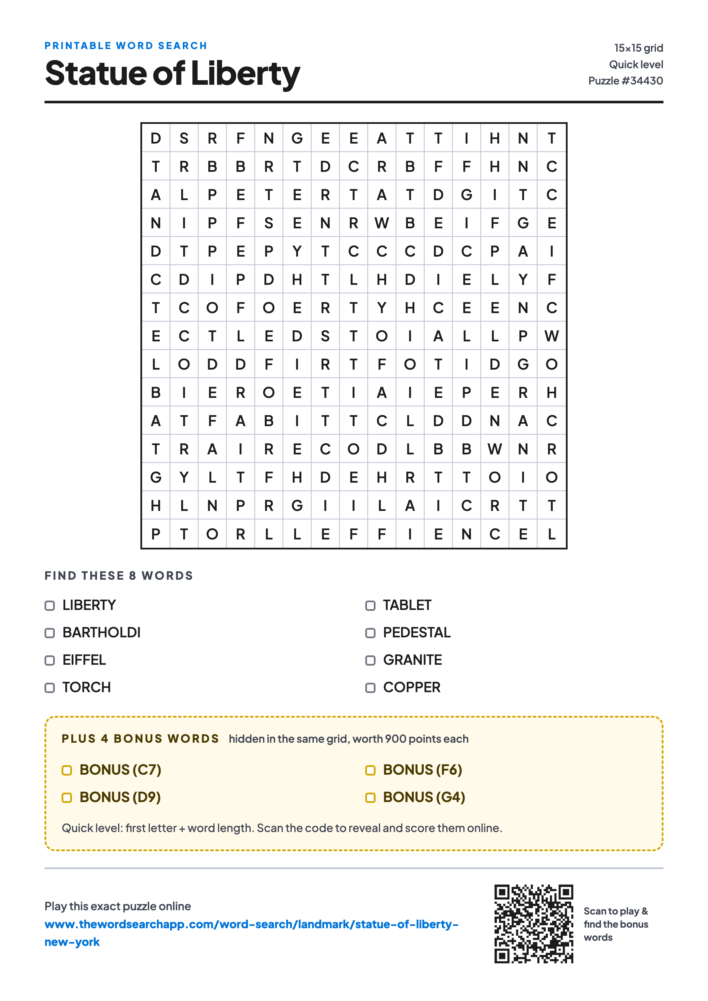 Printable Statue of Liberty word search — 15×15 letter grid with 8 words to find including LIBERTY, BARTHOLDI, EIFFEL, plus 4 hidden bonus words