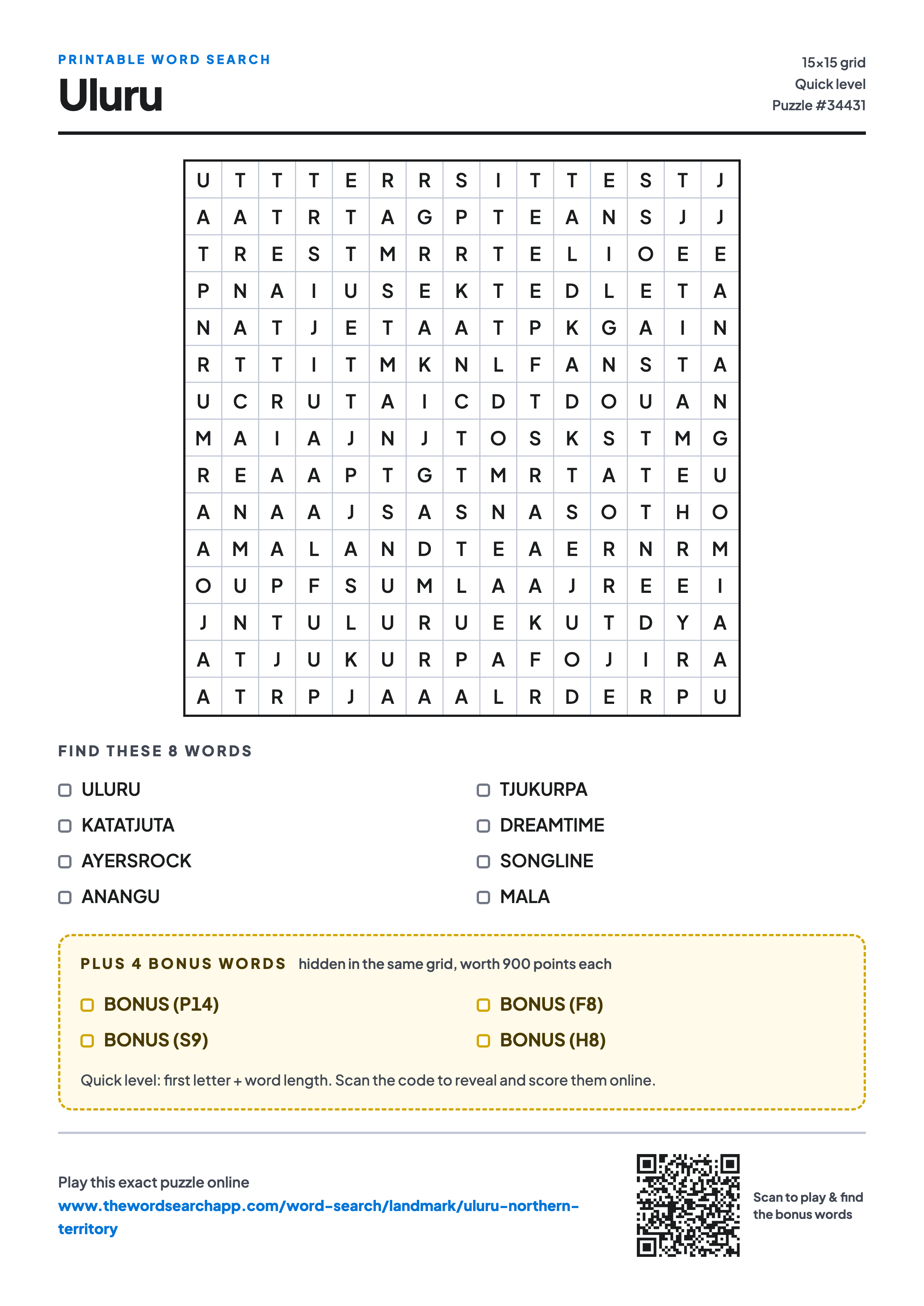 Printable Uluru word search — 15×15 letter grid with 8 words to find including ULURU, KATATJUTA, AYERSROCK, plus 4 hidden bonus words