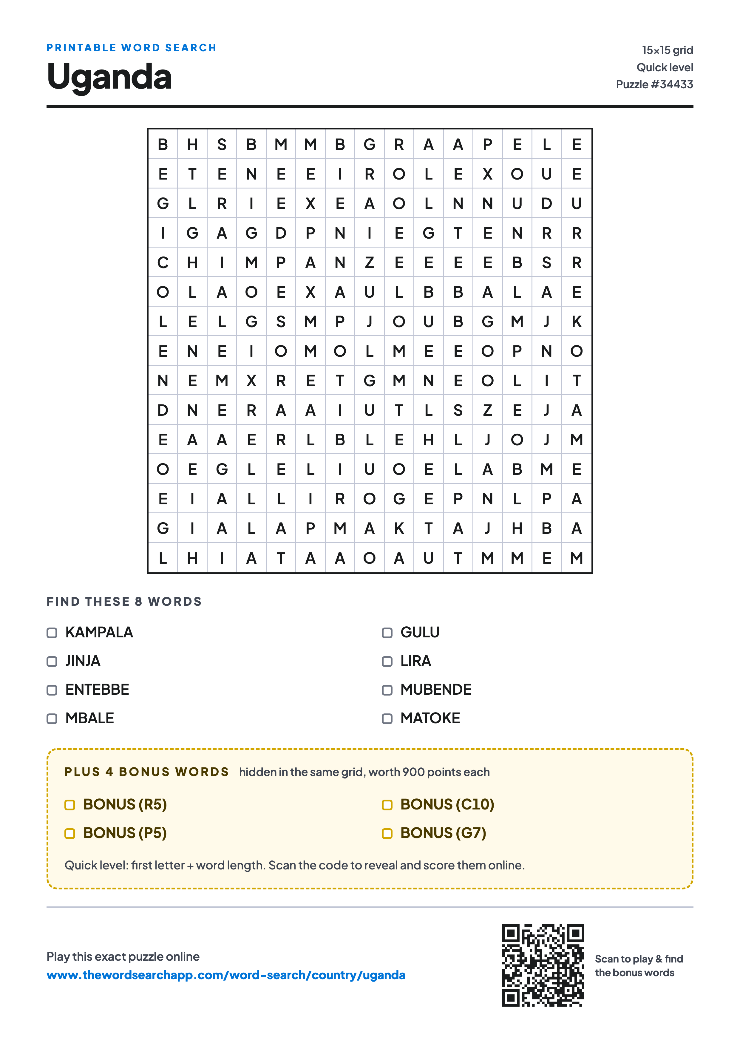 Printable Uganda word search — 15×15 letter grid with 8 words to find including KAMPALA, JINJA, ENTEBBE, plus 4 hidden bonus words