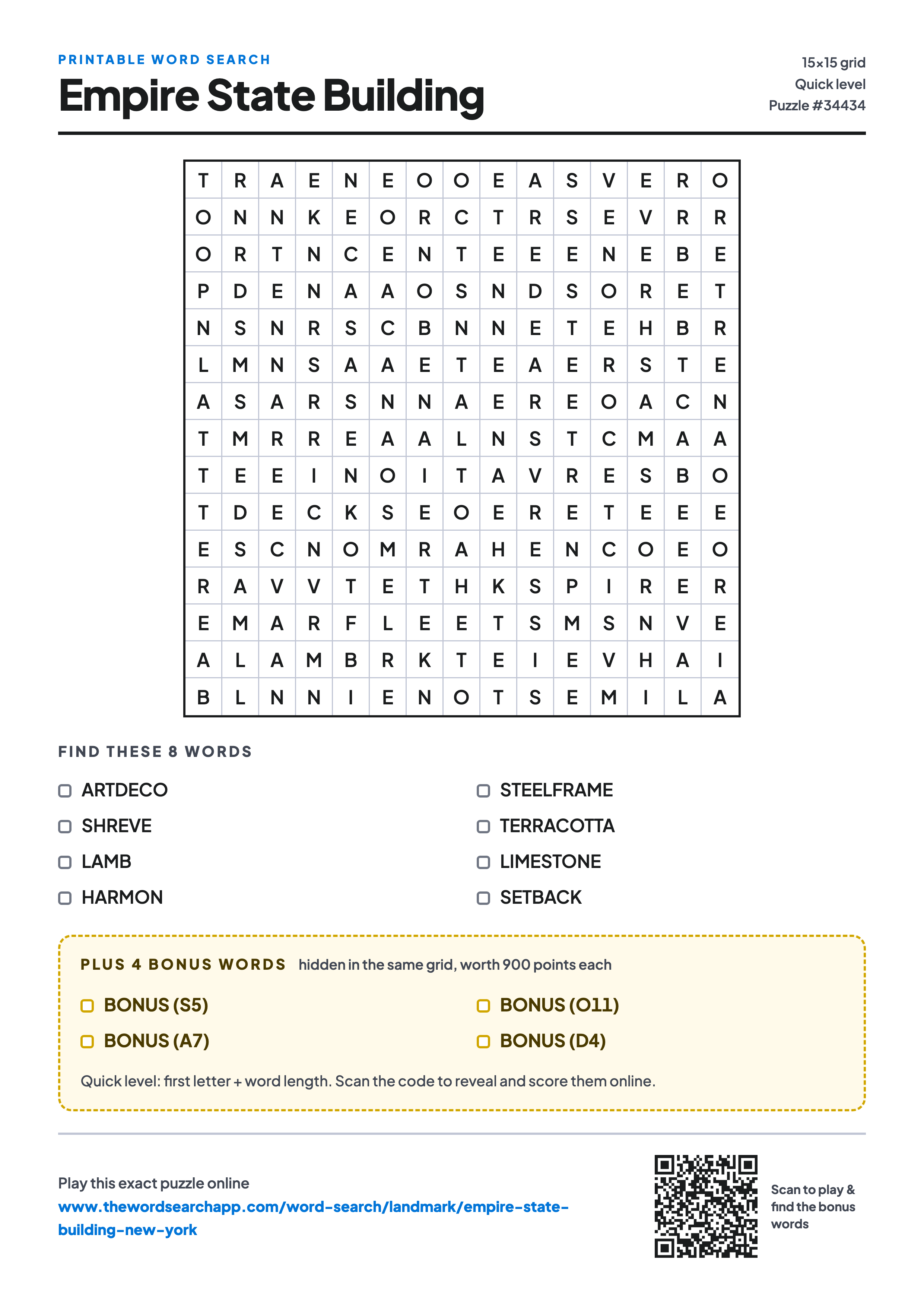 Printable Empire State Building word search — 15×15 letter grid with 8 words to find including ARTDECO, SHREVE, LAMB, plus 4 hidden bonus words