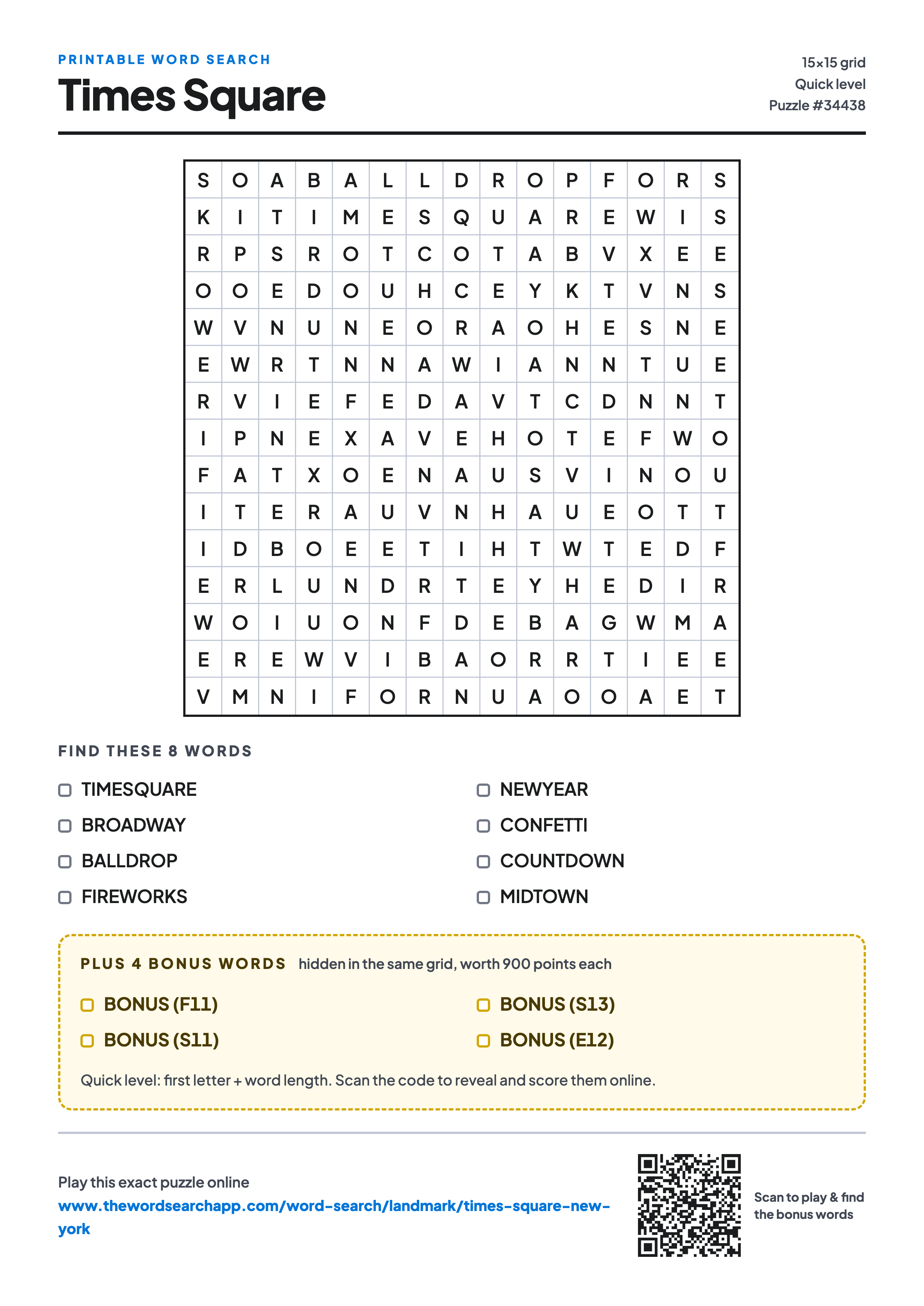 Printable Times Square word search — 15×15 letter grid with 8 words to find including TIMESQUARE, BROADWAY, BALLDROP, plus 4 hidden bonus words