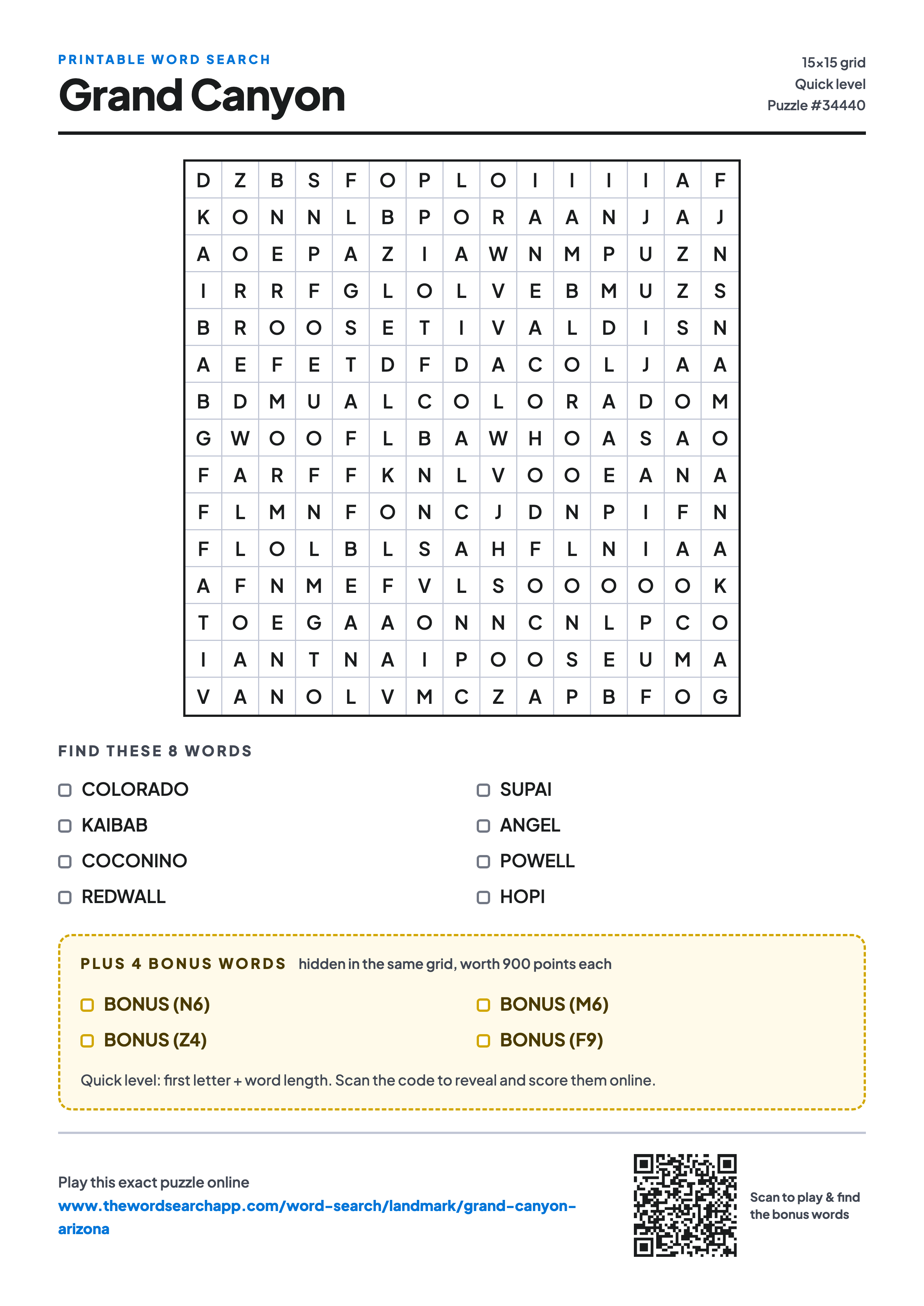 Printable Grand Canyon word search — 15×15 letter grid with 8 words to find including COLORADO, KAIBAB, COCONINO, plus 4 hidden bonus words