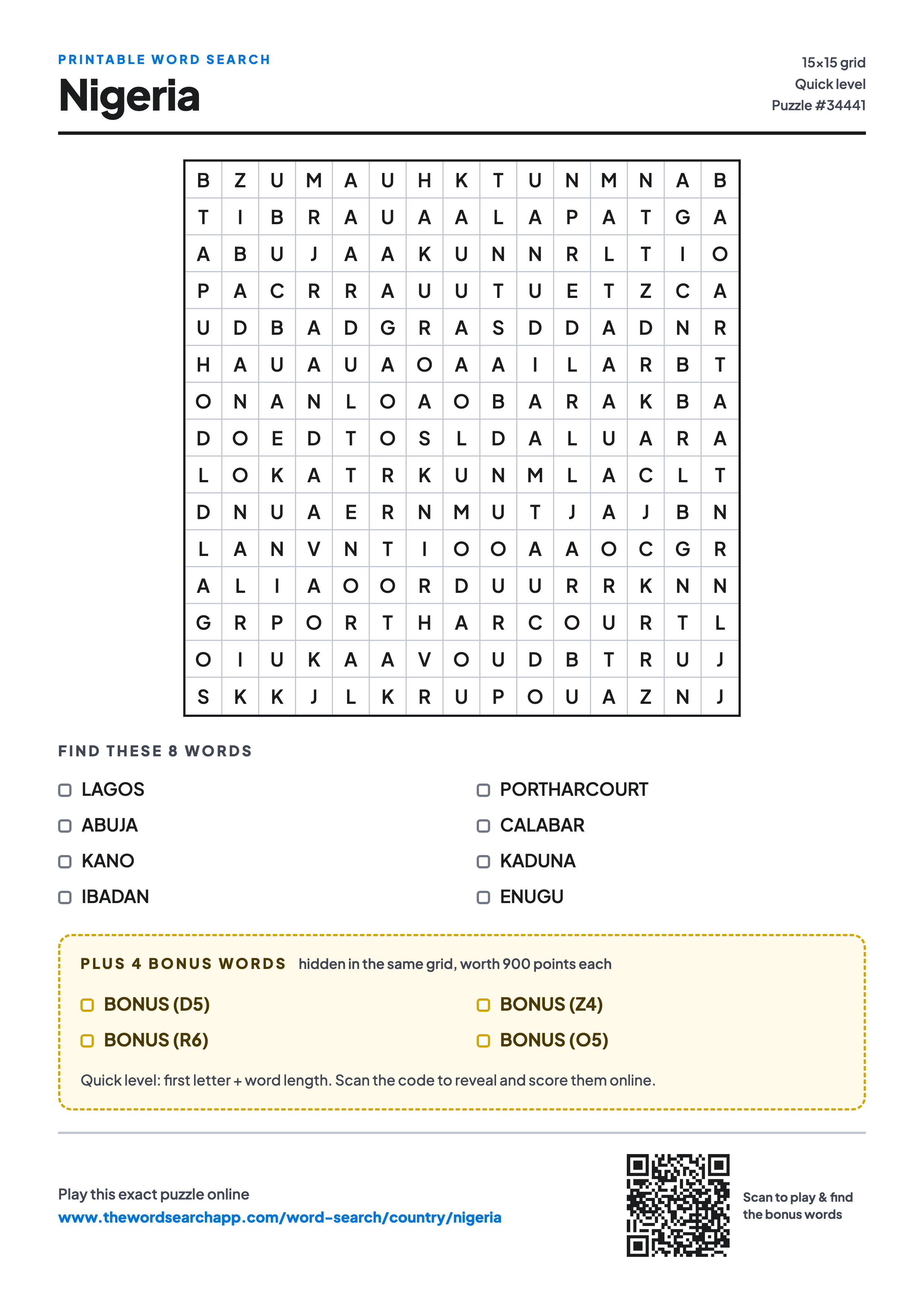 Printable Nigeria word search — 15×15 letter grid with 8 words to find including LAGOS, ABUJA, KANO, plus 4 hidden bonus words