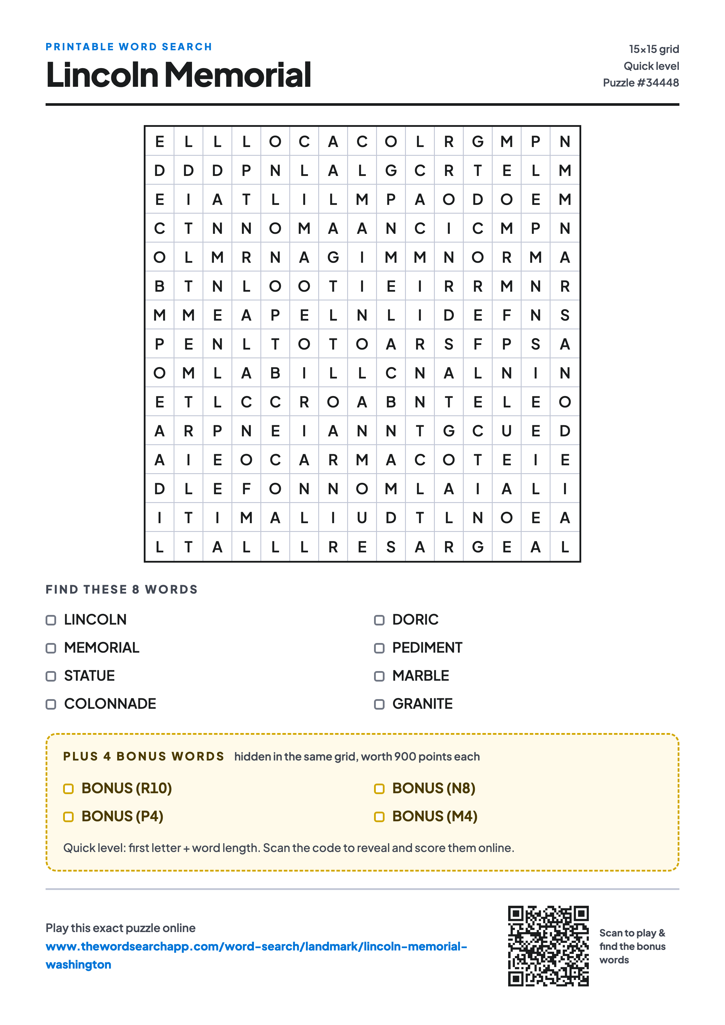 Printable Lincoln Memorial word search — 15×15 letter grid with 8 words to find including LINCOLN, MEMORIAL, STATUE, plus 4 hidden bonus words