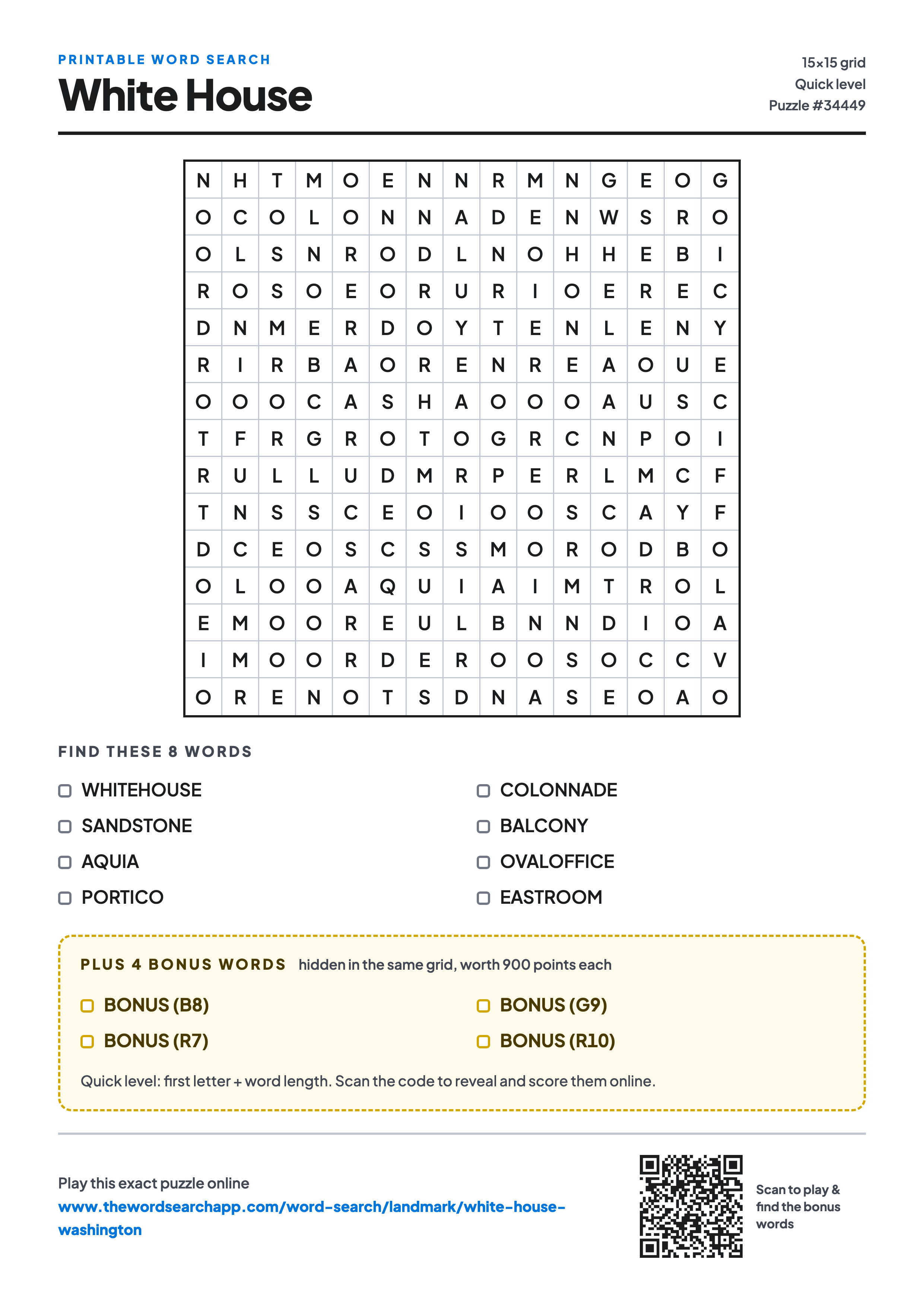 Printable White House word search — 15×15 letter grid with 8 words to find including WHITEHOUSE, SANDSTONE, AQUIA, plus 4 hidden bonus words