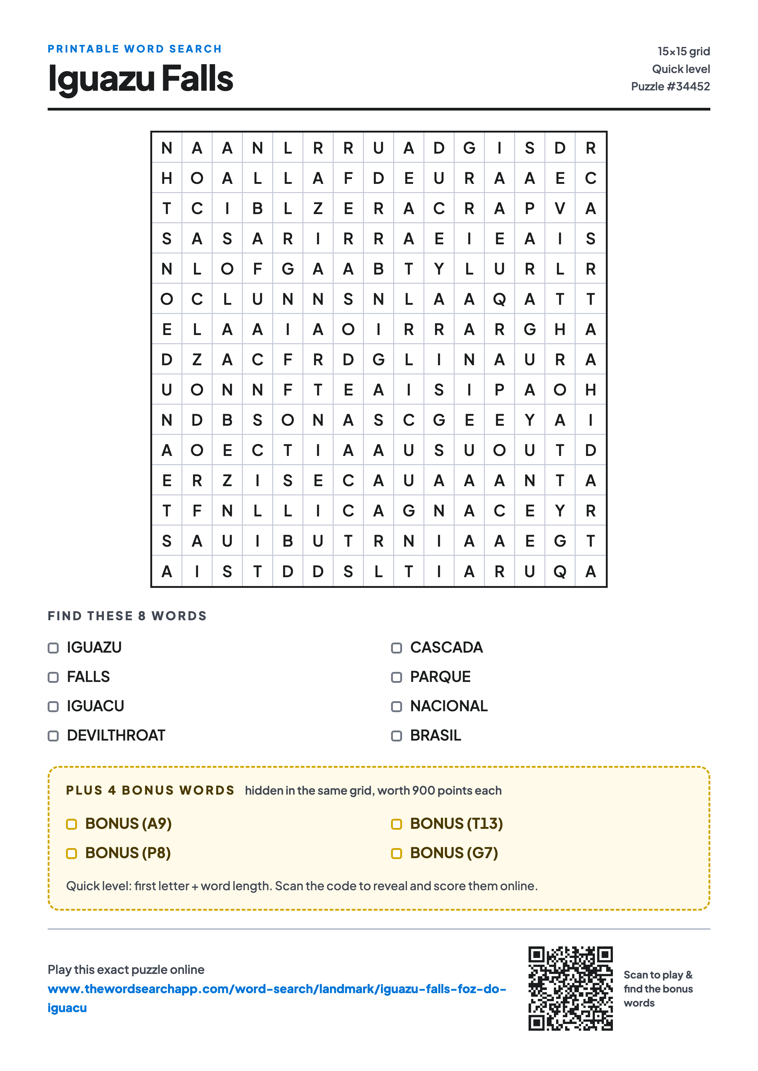 Printable Iguazu Falls word search — 15×15 letter grid with 8 words to find including IGUAZU, FALLS, IGUACU, plus 4 hidden bonus words