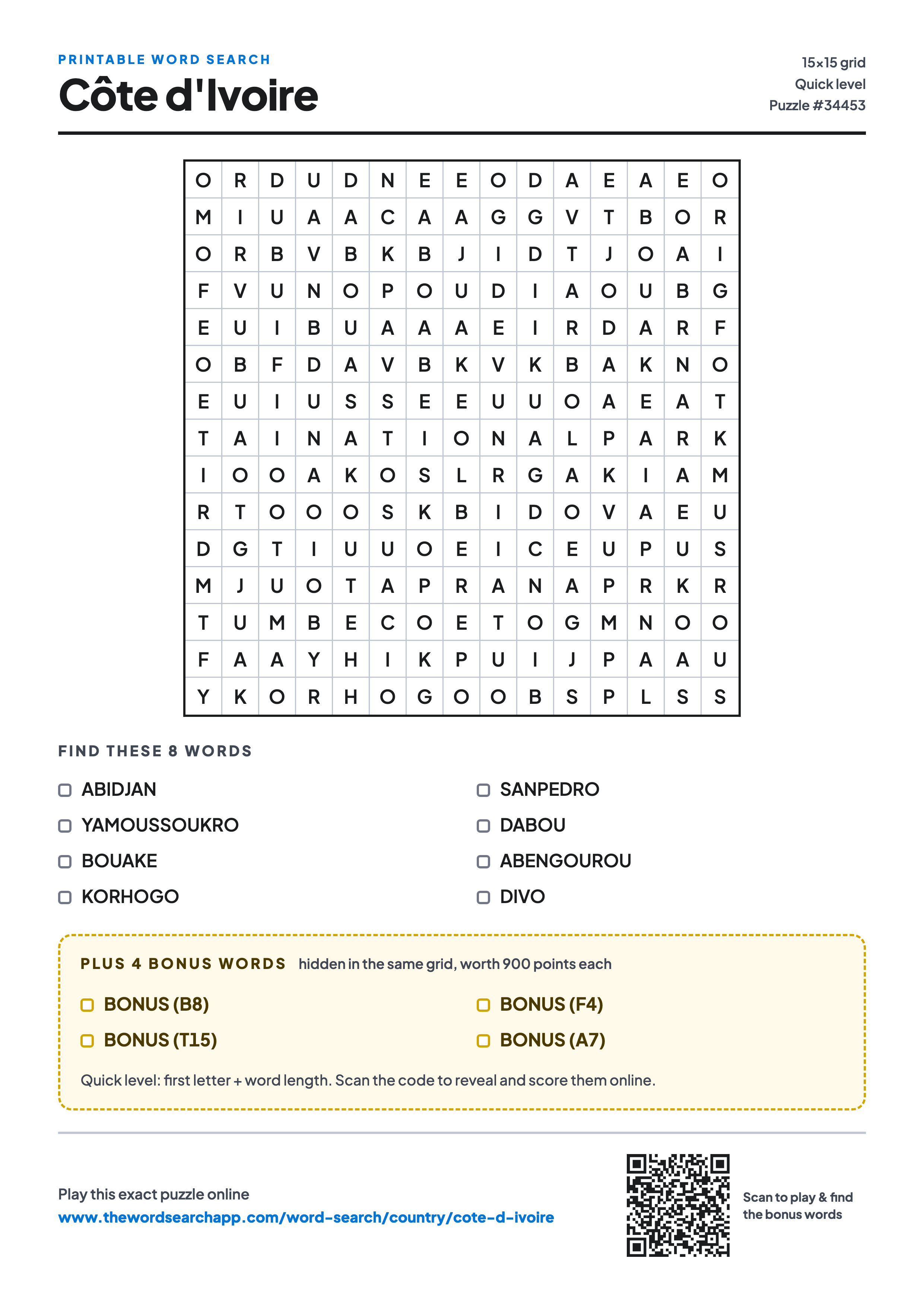Printable Côte d'Ivoire word search — 15×15 letter grid with 8 words to find including ABIDJAN, YAMOUSSOUKRO, BOUAKE, plus 4 hidden bonus words