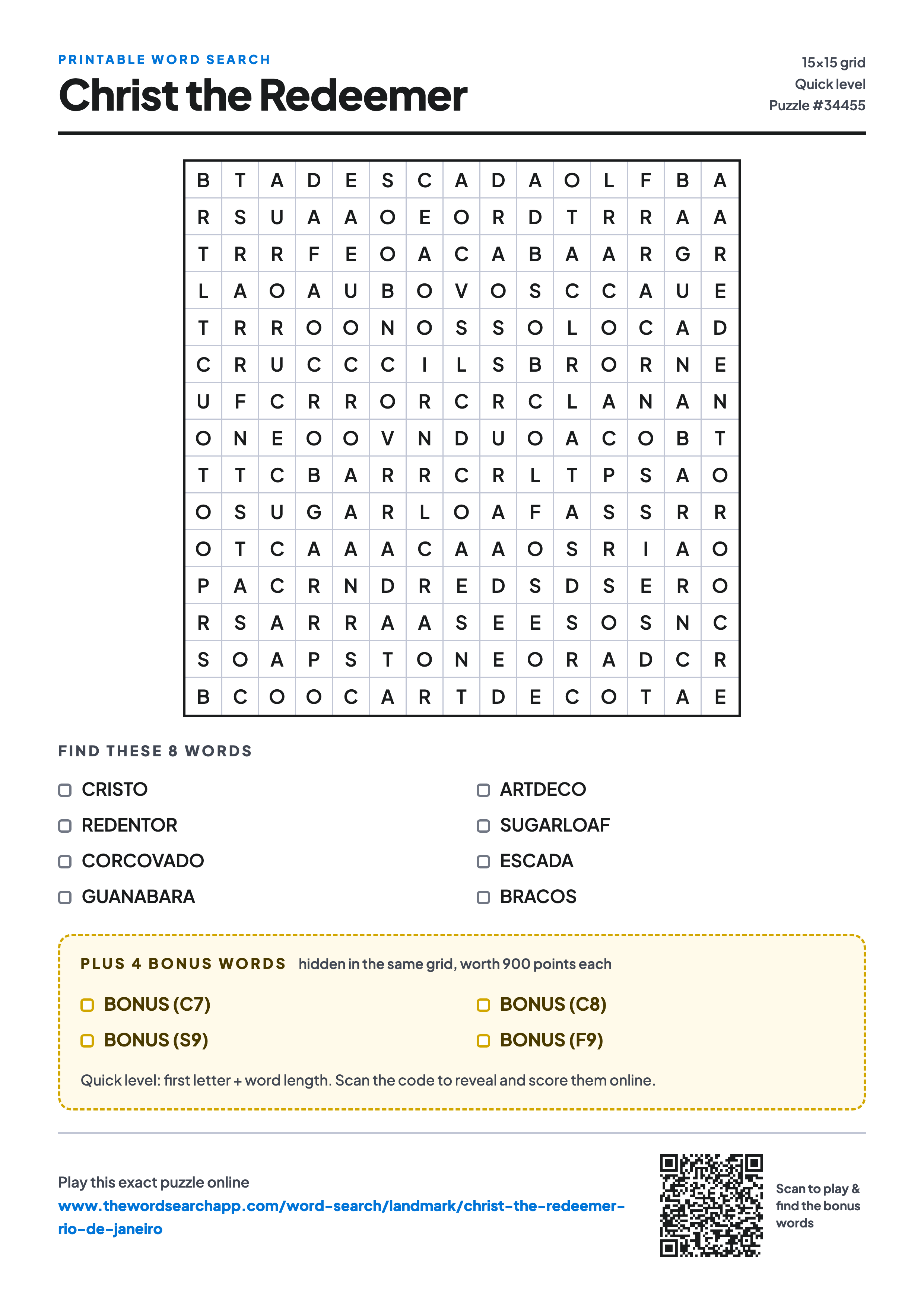 Printable Christ the Redeemer word search — 15×15 letter grid with 8 words to find including CRISTO, REDENTOR, CORCOVADO, plus 4 hidden bonus words