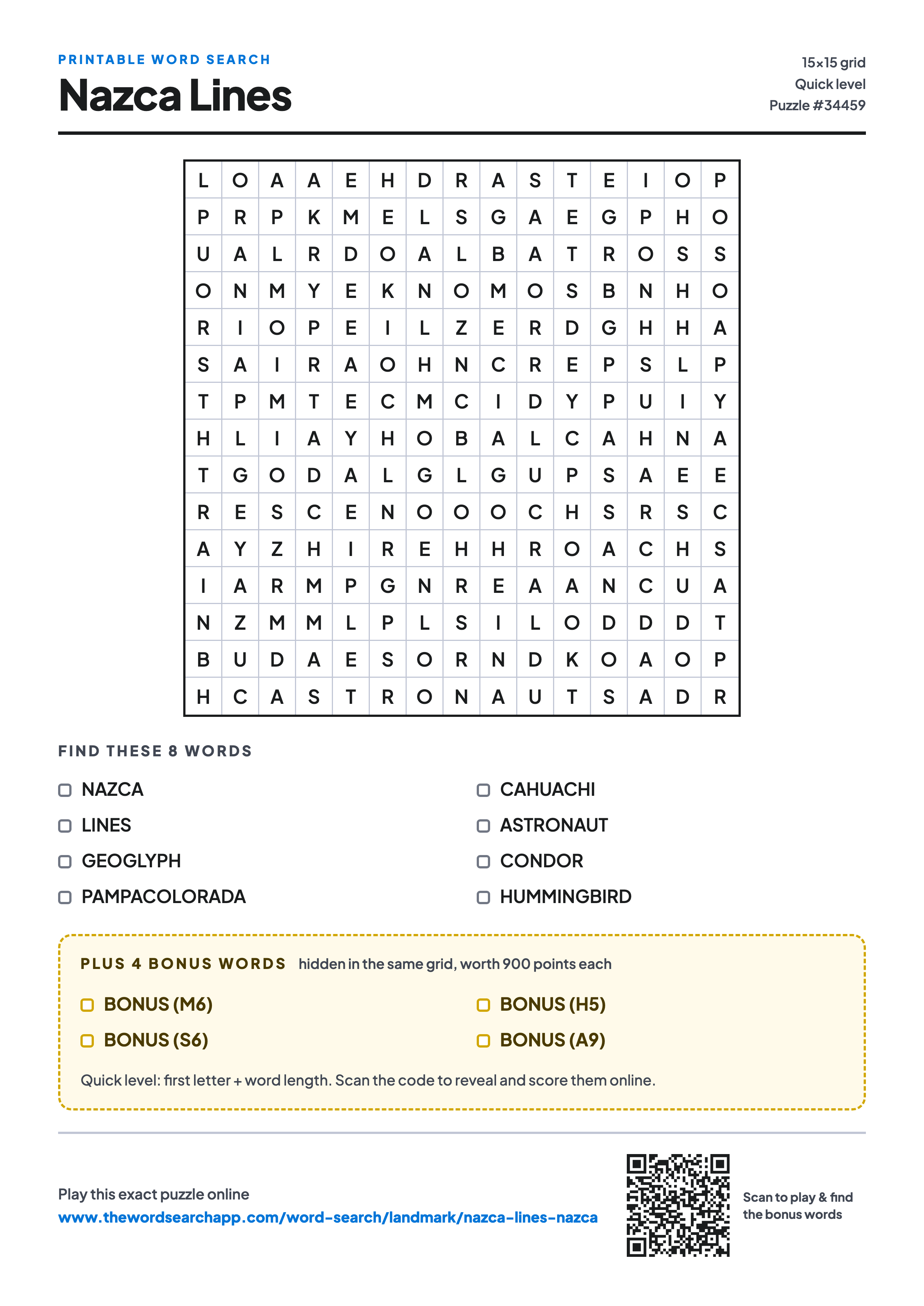 Printable Nazca Lines word search — 15×15 letter grid with 8 words to find including NAZCA, LINES, GEOGLYPH, plus 4 hidden bonus words