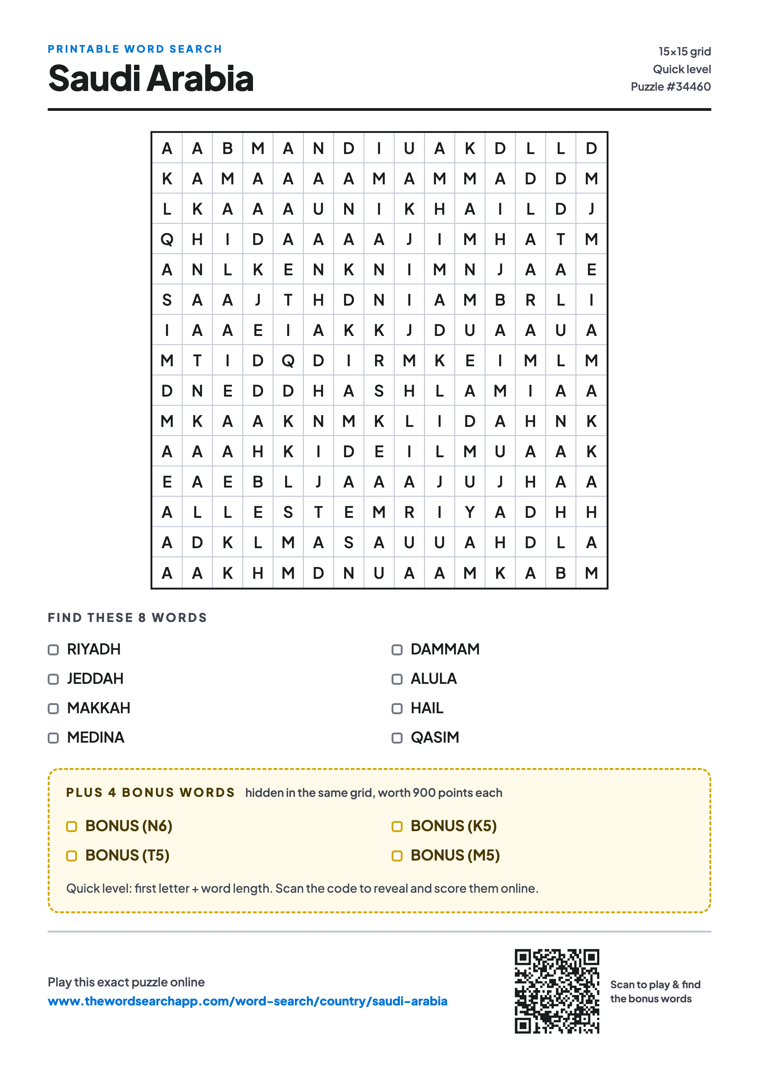 Printable Saudi Arabia word search — 15×15 letter grid with 8 words to find including RIYADH, JEDDAH, MAKKAH, plus 4 hidden bonus words
