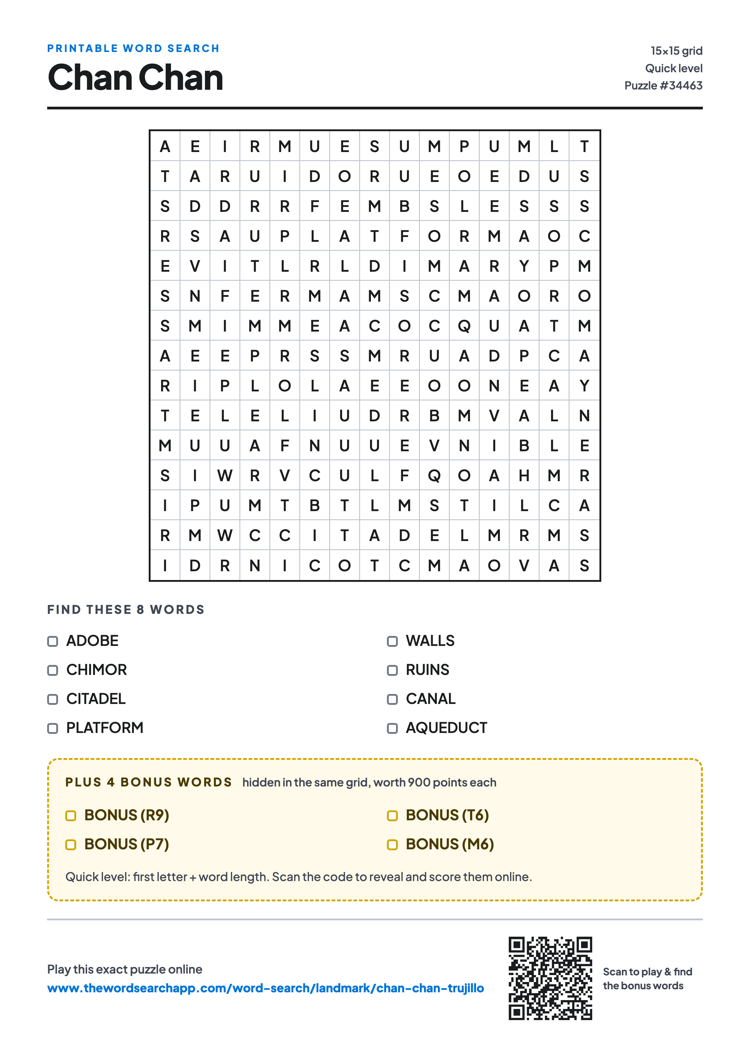 Printable Chan Chan word search — 15×15 letter grid with 8 words to find including ADOBE, CHIMOR, CITADEL, plus 4 hidden bonus words