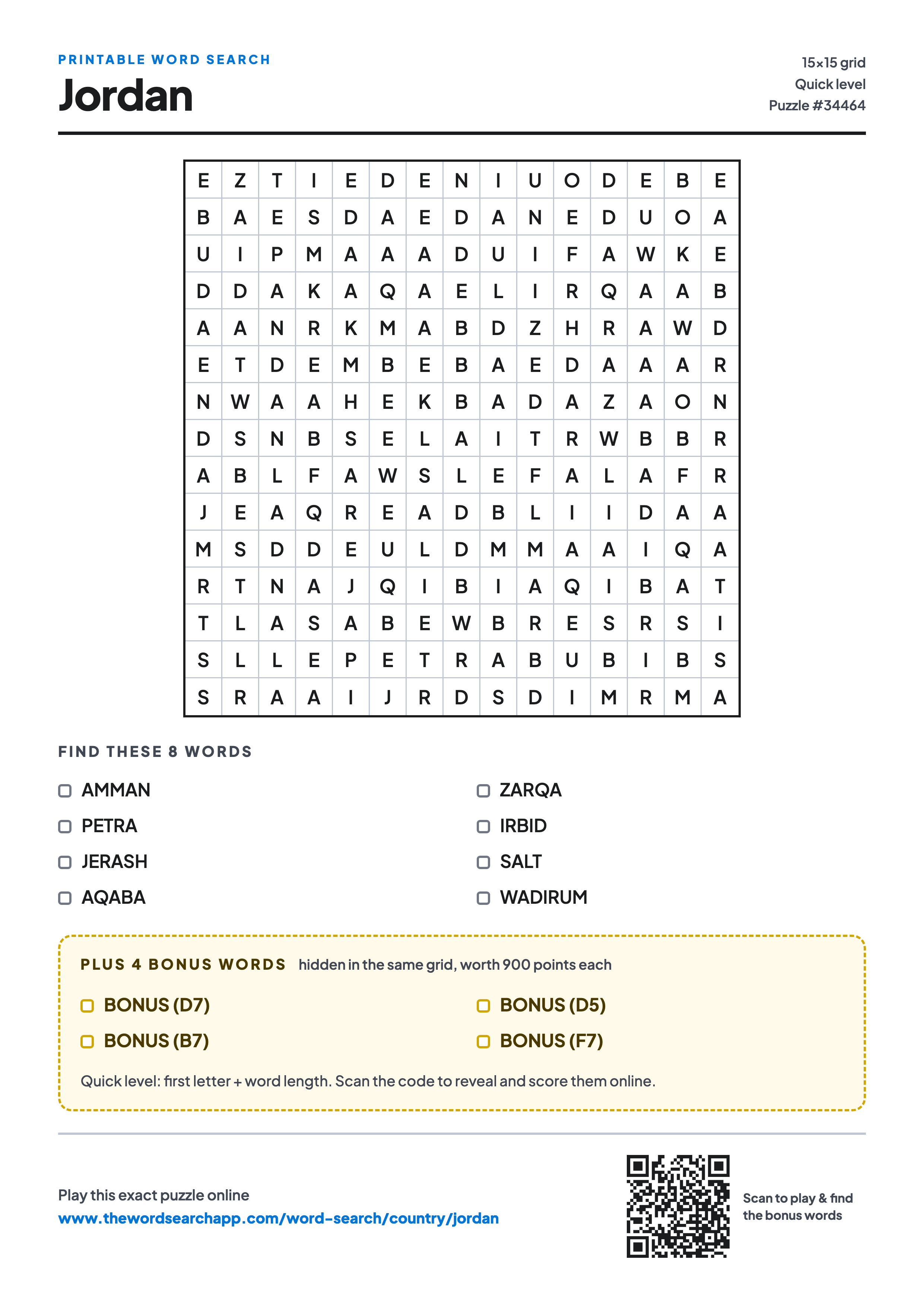 Printable Jordan word search — 15×15 letter grid with 8 words to find including AMMAN, PETRA, JERASH, plus 4 hidden bonus words