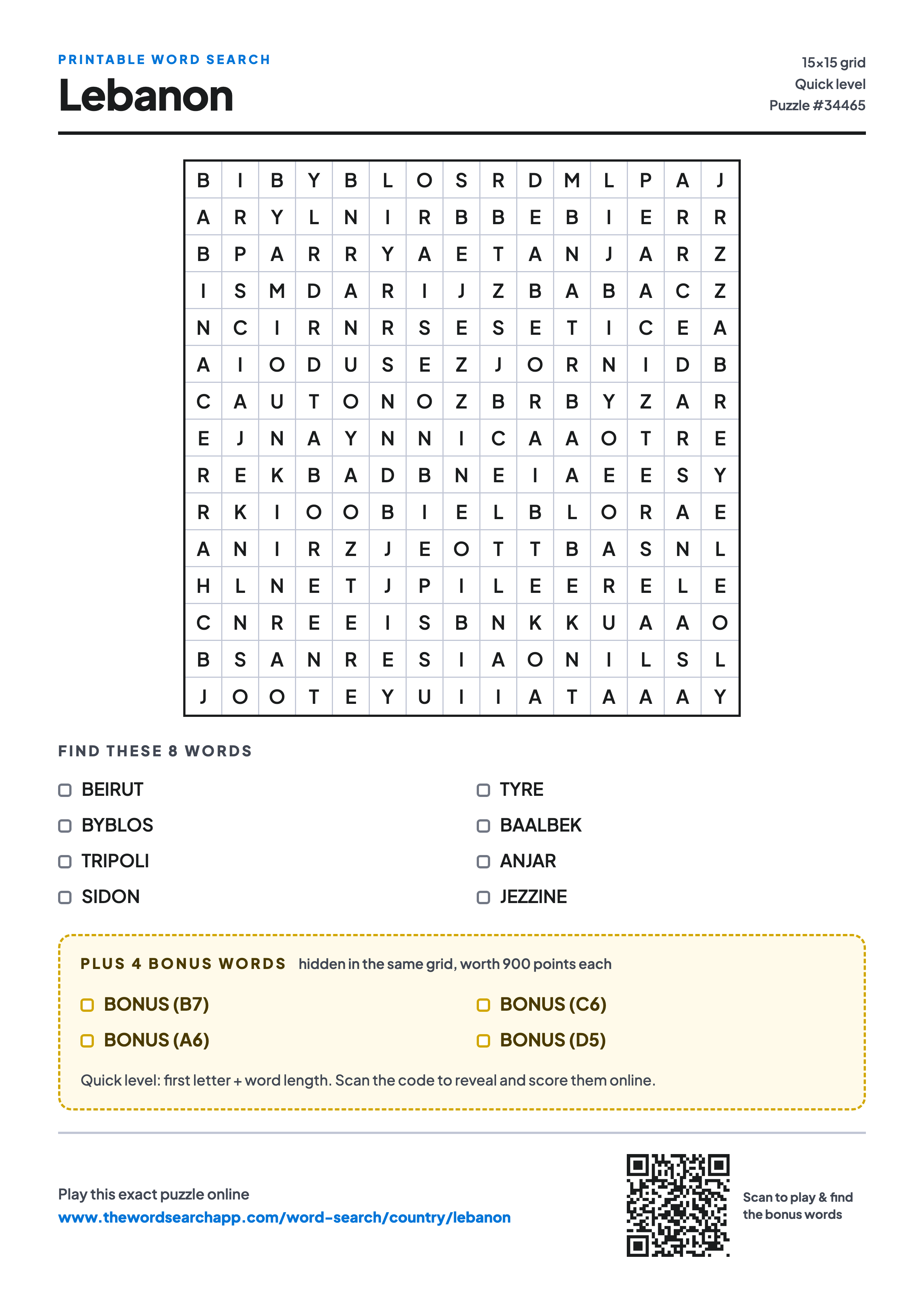 Printable Lebanon word search — 15×15 letter grid with 8 words to find including BEIRUT, BYBLOS, TRIPOLI, plus 4 hidden bonus words