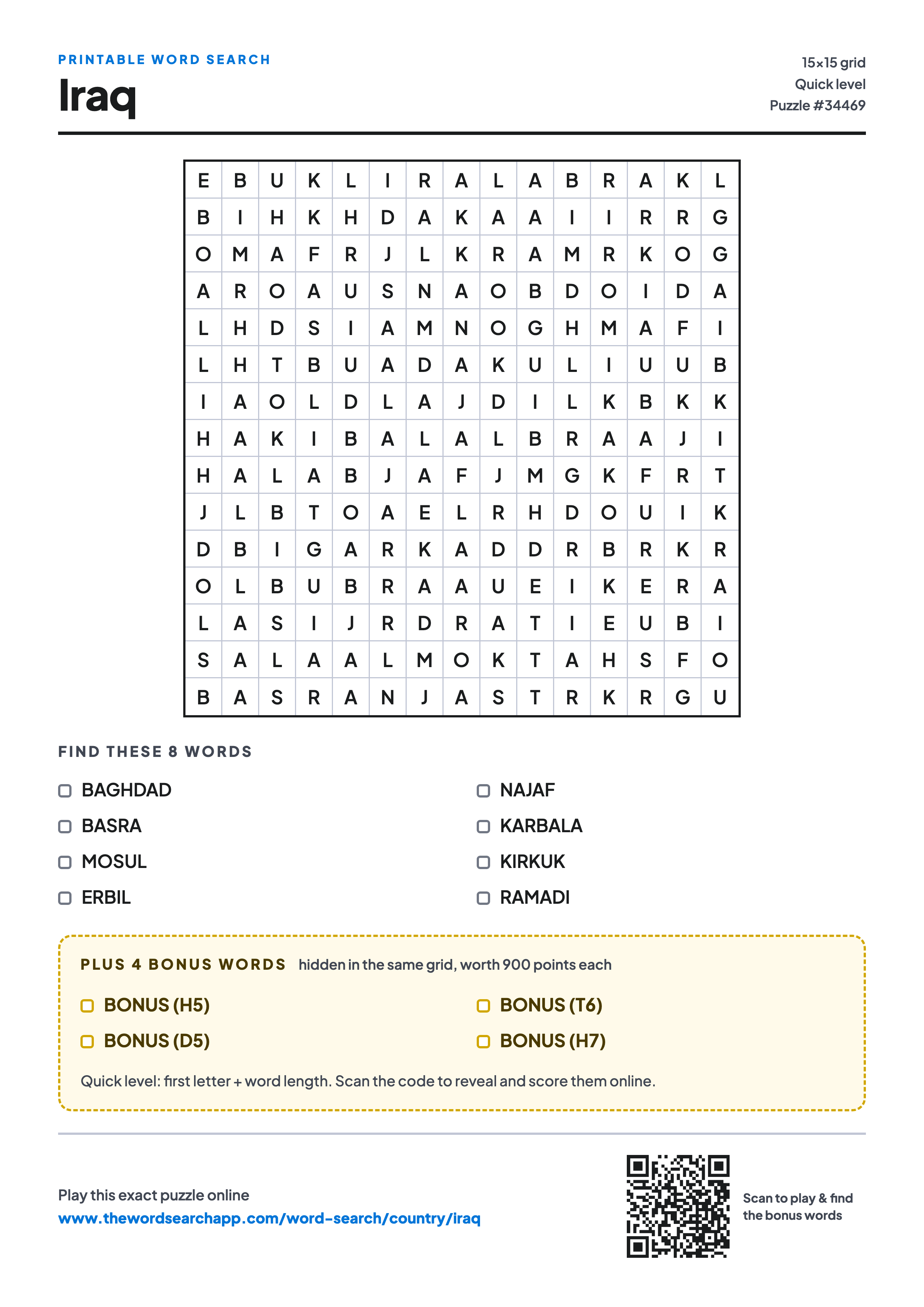 Printable Iraq word search — 15×15 letter grid with 8 words to find including BAGHDAD, BASRA, MOSUL, plus 4 hidden bonus words