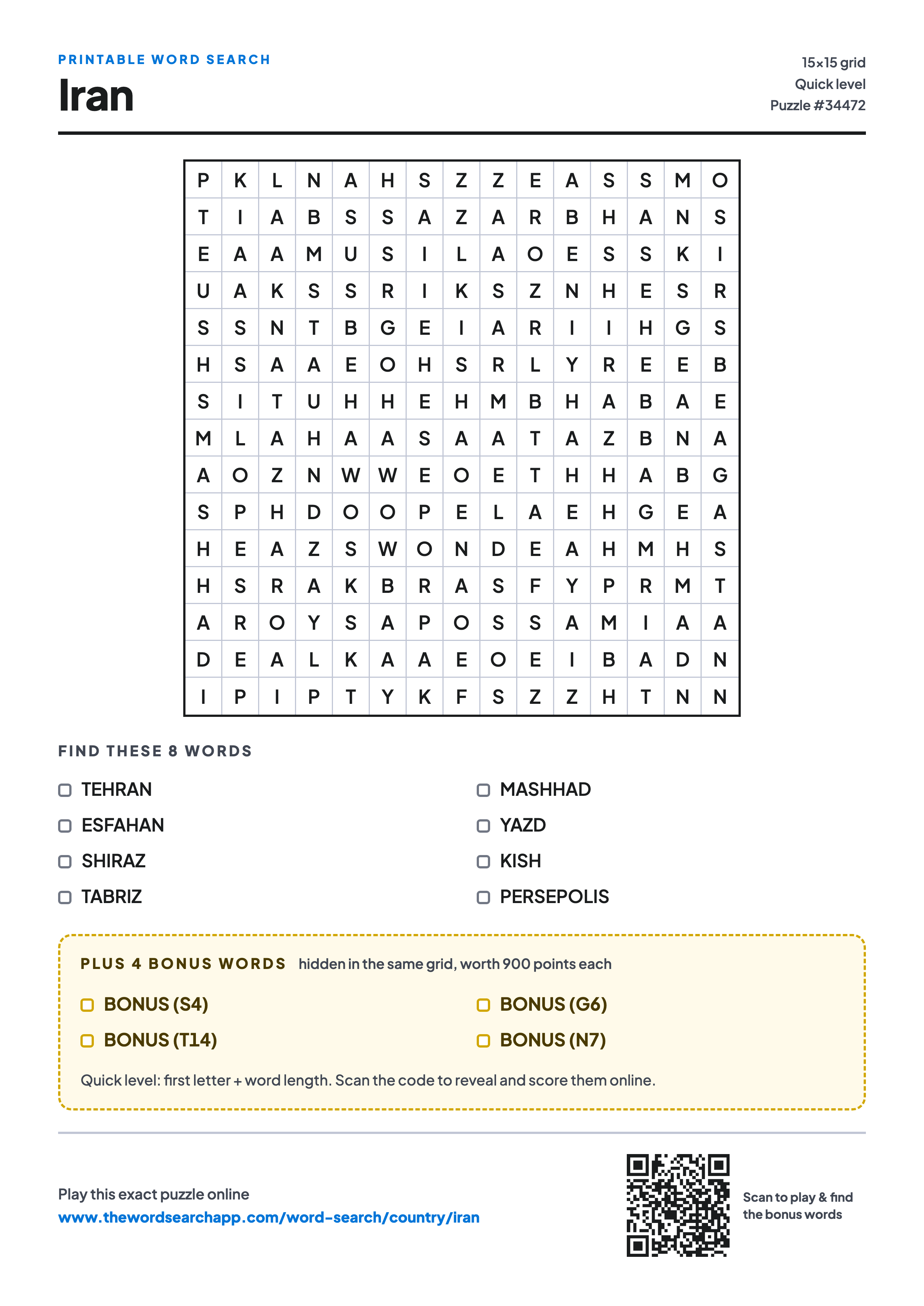 Printable Iran word search — 15×15 letter grid with 8 words to find including TEHRAN, ESFAHAN, SHIRAZ, plus 4 hidden bonus words