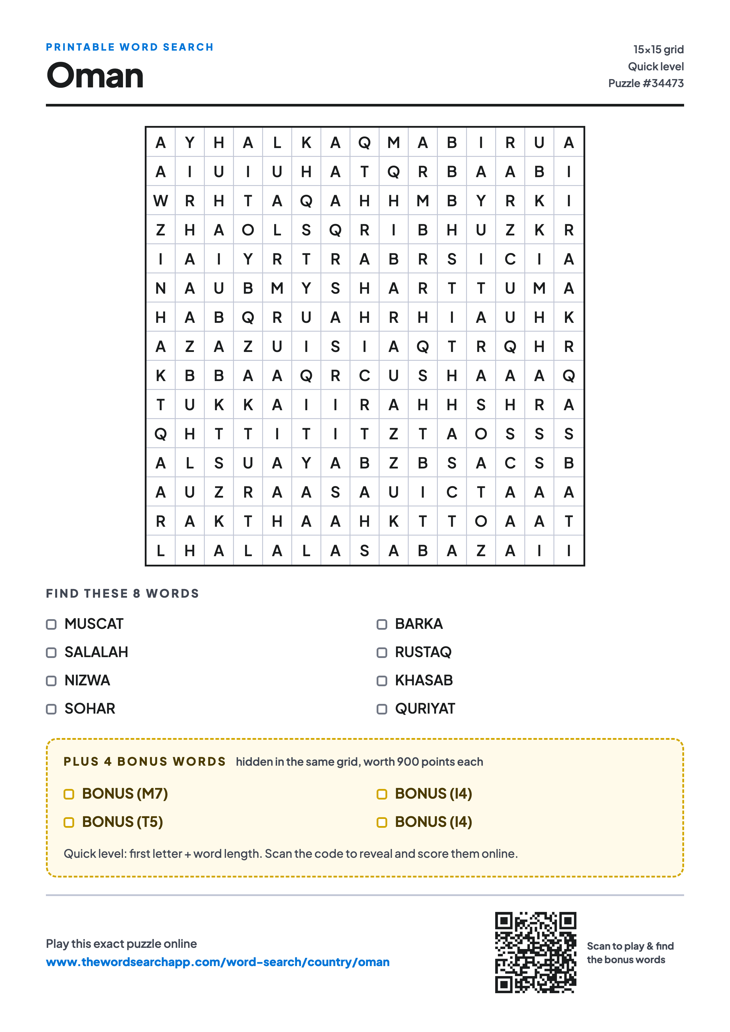 Printable Oman word search — 15×15 letter grid with 8 words to find including MUSCAT, SALALAH, NIZWA, plus 4 hidden bonus words