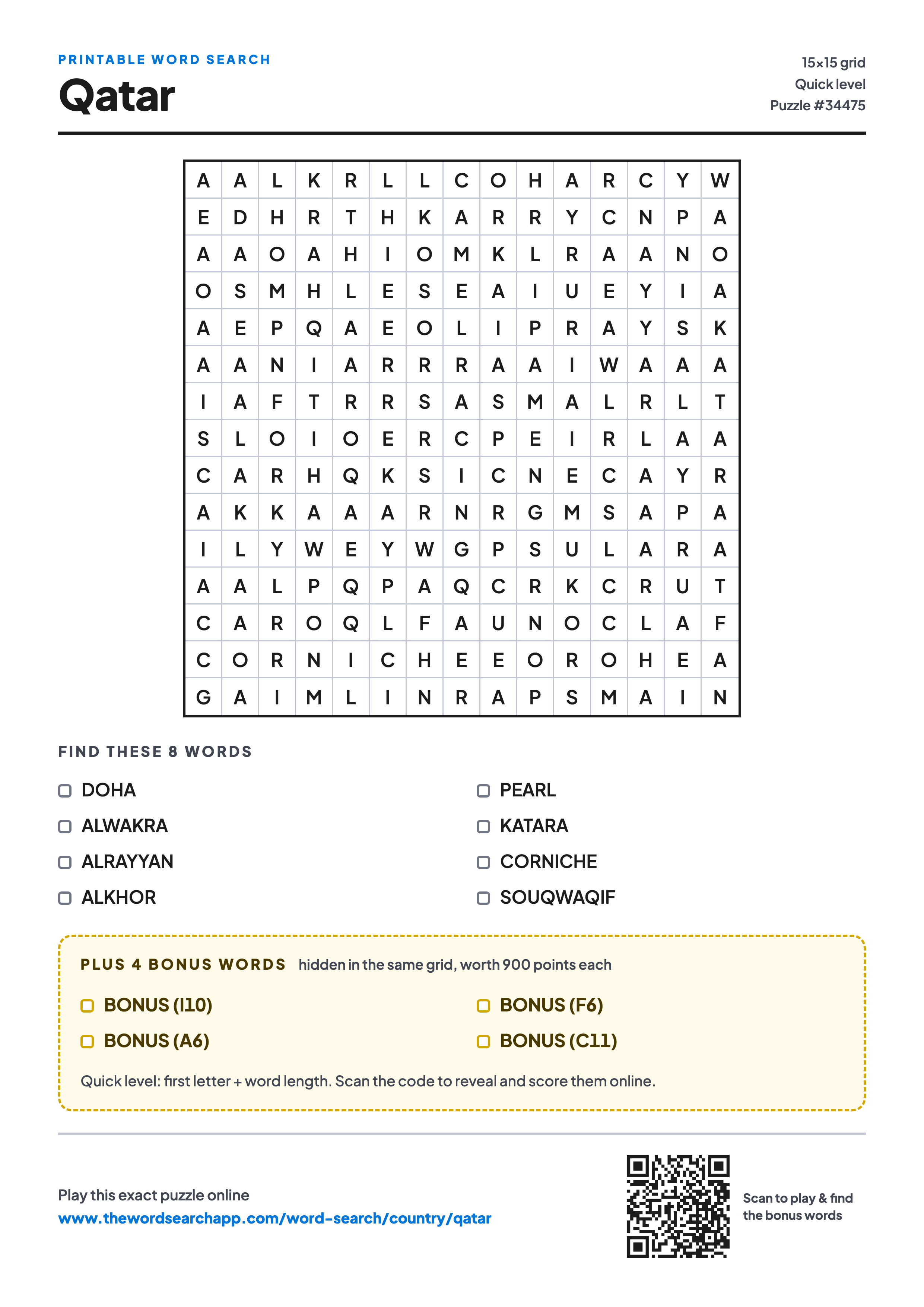 Printable Qatar word search — 15×15 letter grid with 8 words to find including DOHA, ALWAKRA, ALRAYYAN, plus 4 hidden bonus words