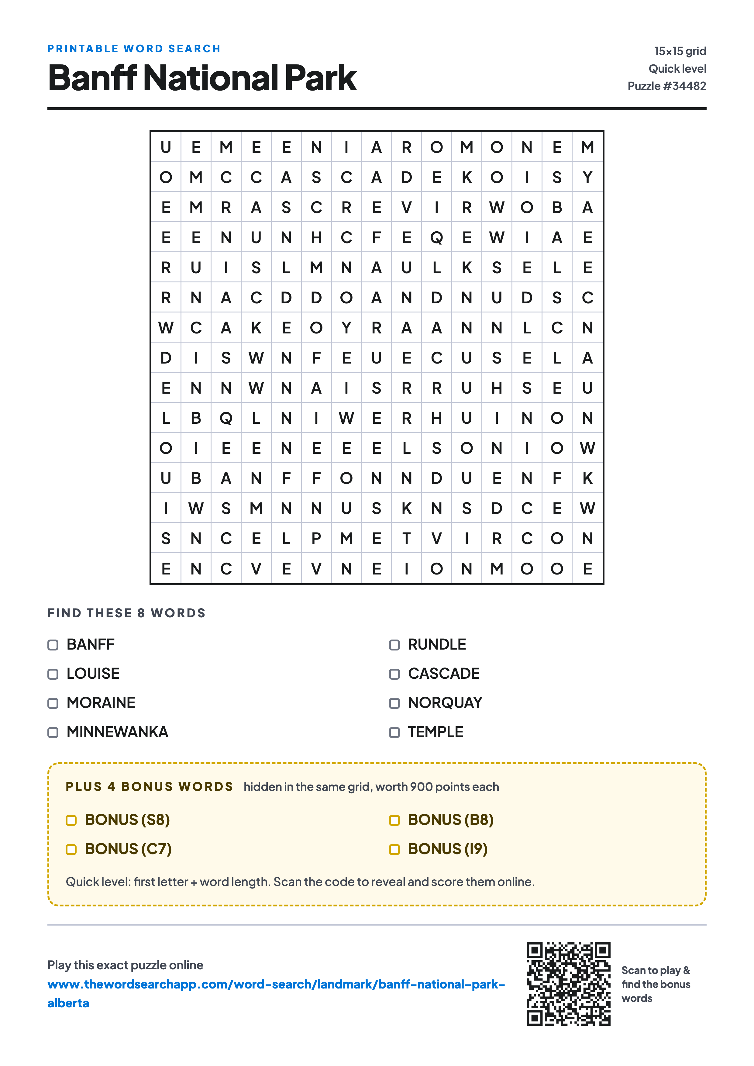 Printable Banff National Park word search — 15×15 letter grid with 8 words to find including BANFF, LOUISE, MORAINE, plus 4 hidden bonus words