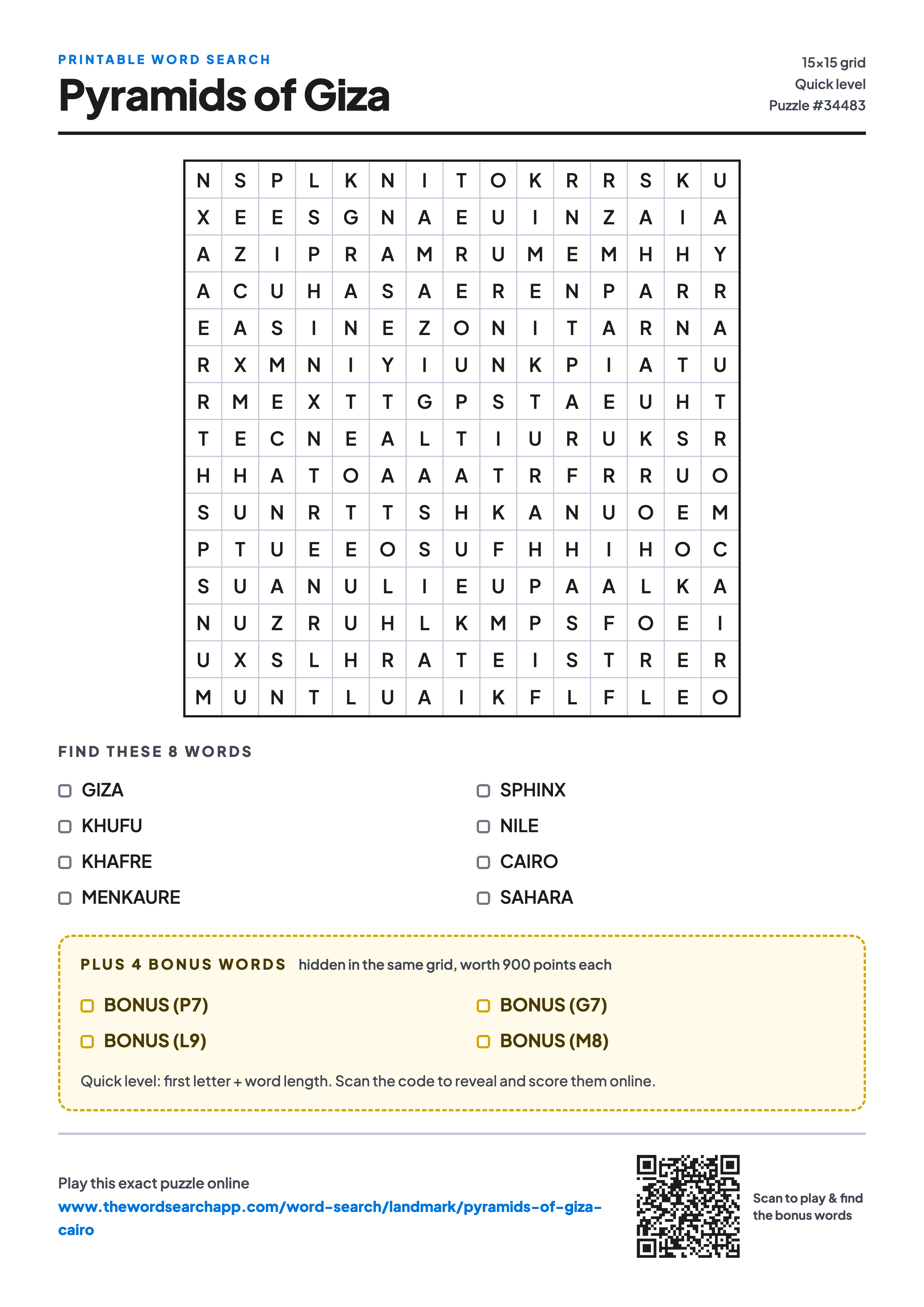 Printable Pyramids of Giza word search — 15×15 letter grid with 8 words to find including GIZA, KHUFU, KHAFRE, plus 4 hidden bonus words