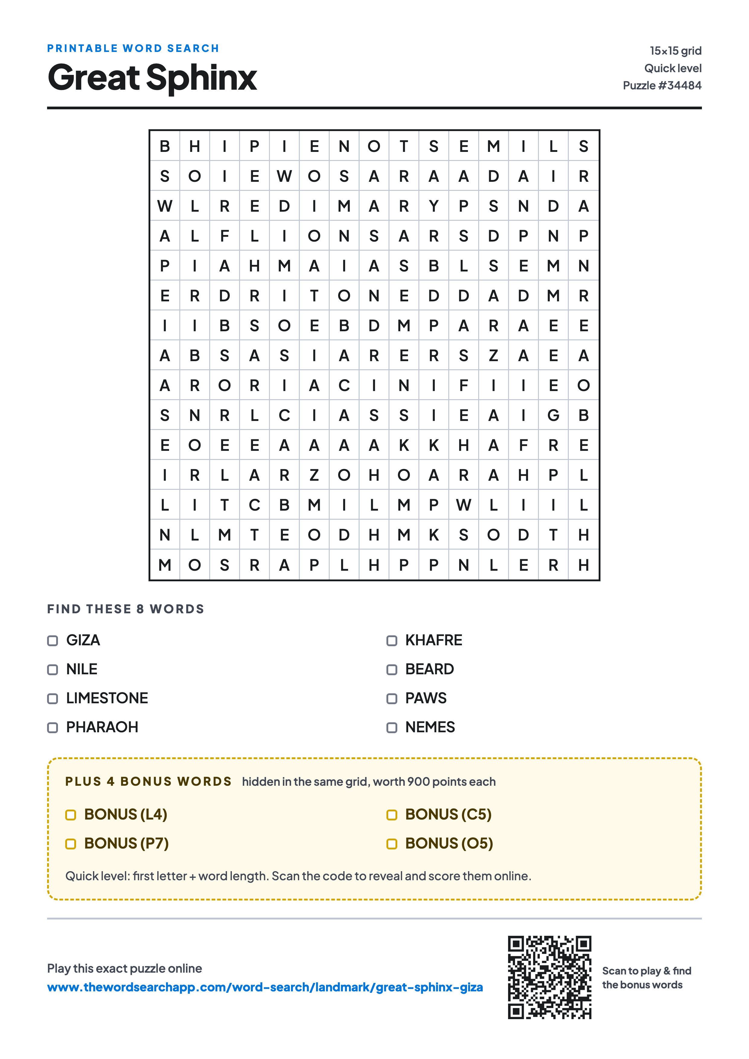 Printable Great Sphinx word search — 15×15 letter grid with 8 words to find including GIZA, NILE, LIMESTONE, plus 4 hidden bonus words