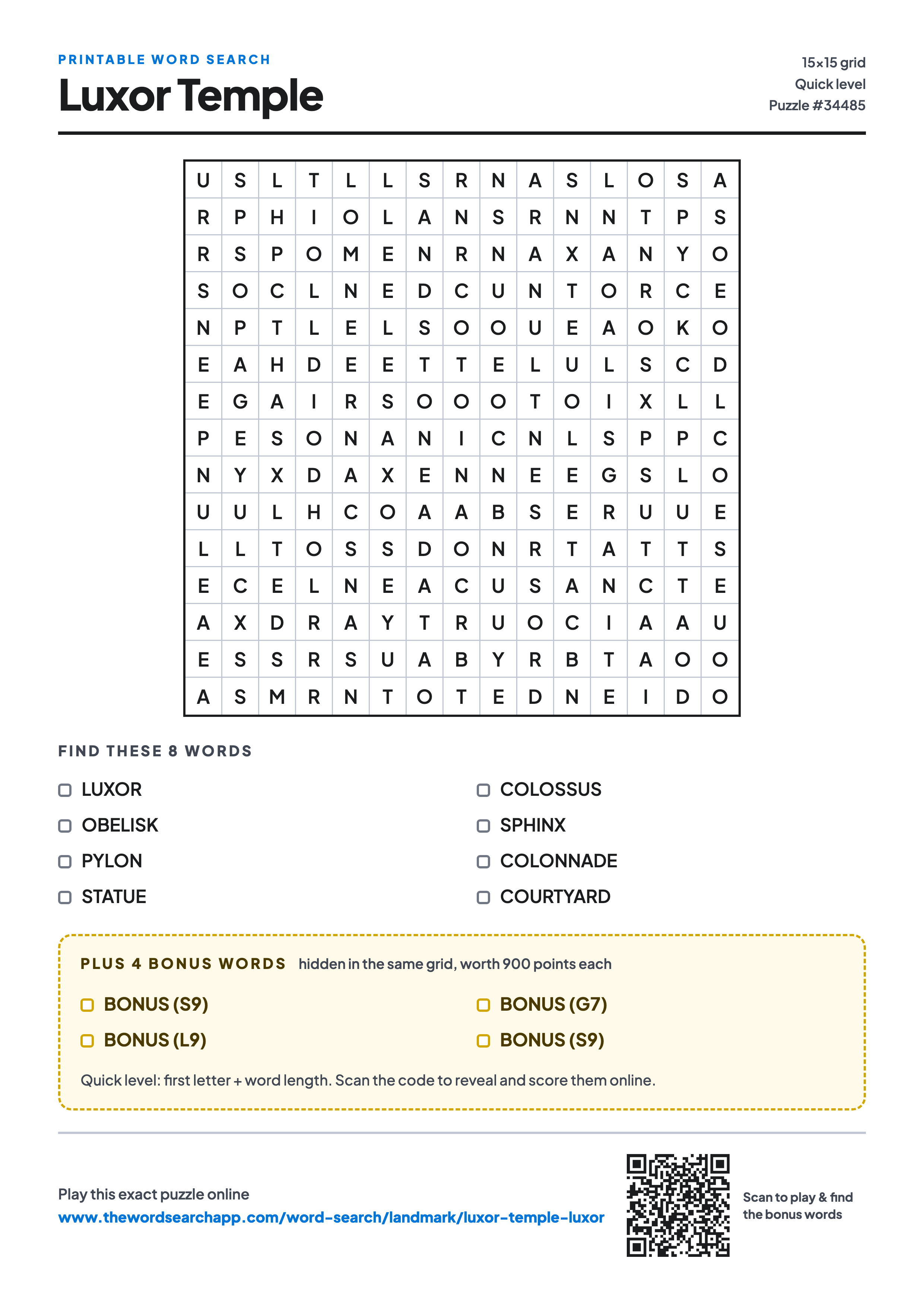 Printable Luxor Temple word search — 15×15 letter grid with 8 words to find including LUXOR, OBELISK, PYLON, plus 4 hidden bonus words