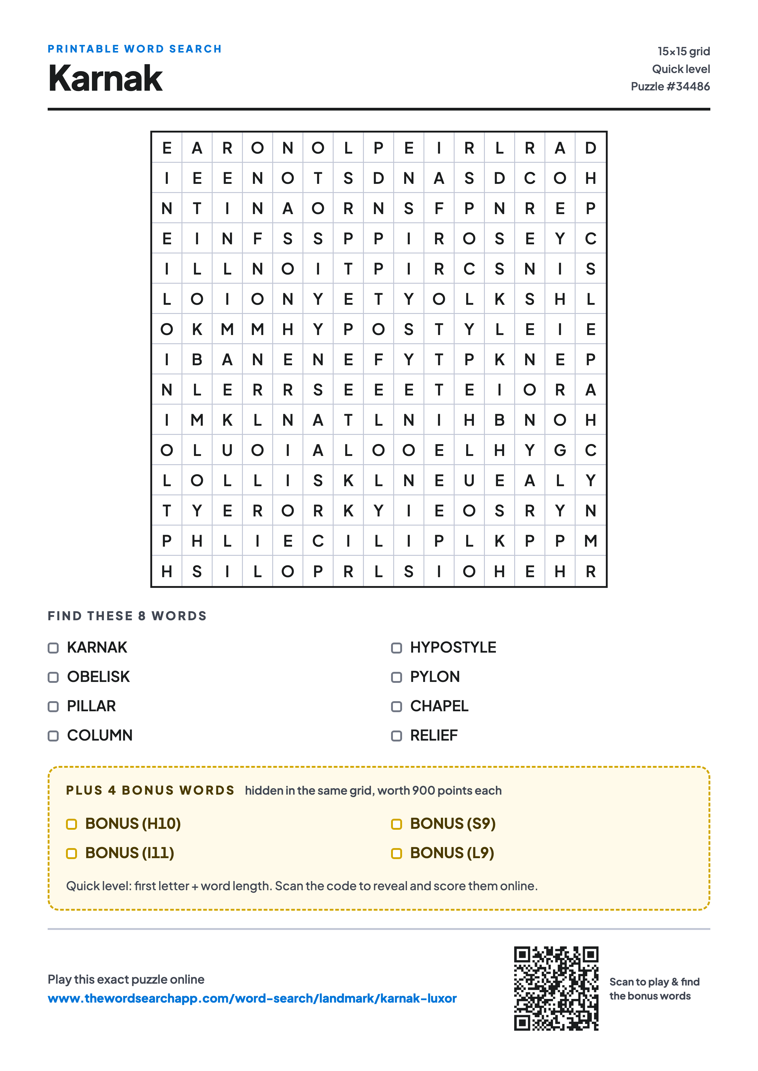 Printable Karnak word search — 15×15 letter grid with 8 words to find including KARNAK, OBELISK, PILLAR, plus 4 hidden bonus words