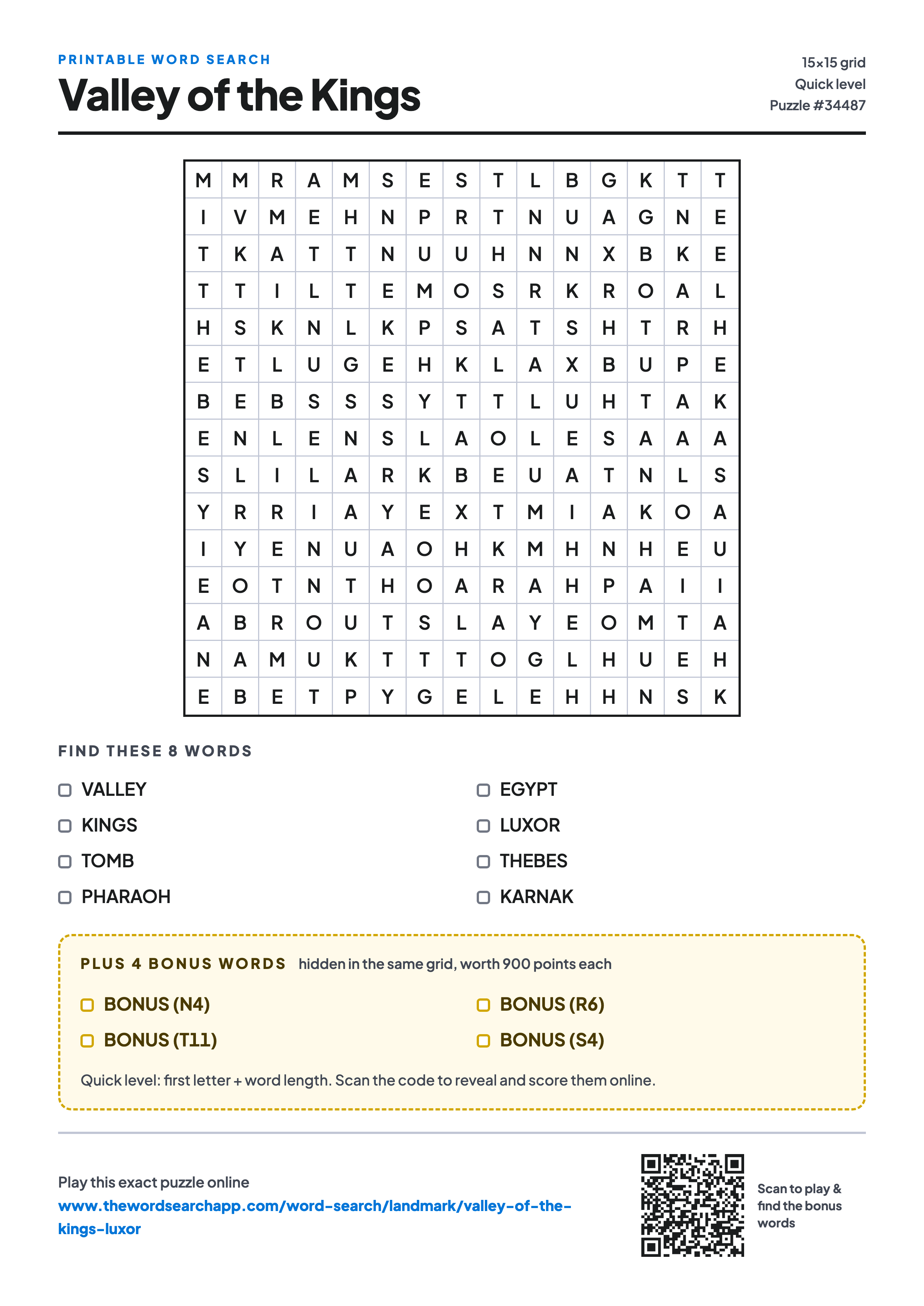 Printable Valley of the Kings word search — 15×15 letter grid with 8 words to find including VALLEY, KINGS, TOMB, plus 4 hidden bonus words